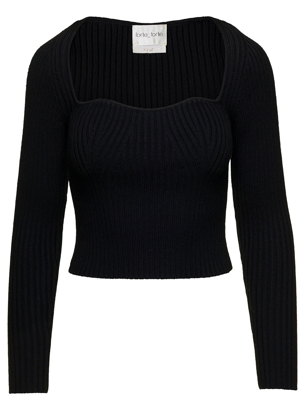 FORTE FORTE BLACK RIBBED BUSTIER SWEATER IN STRETCH WOOL WOMAN