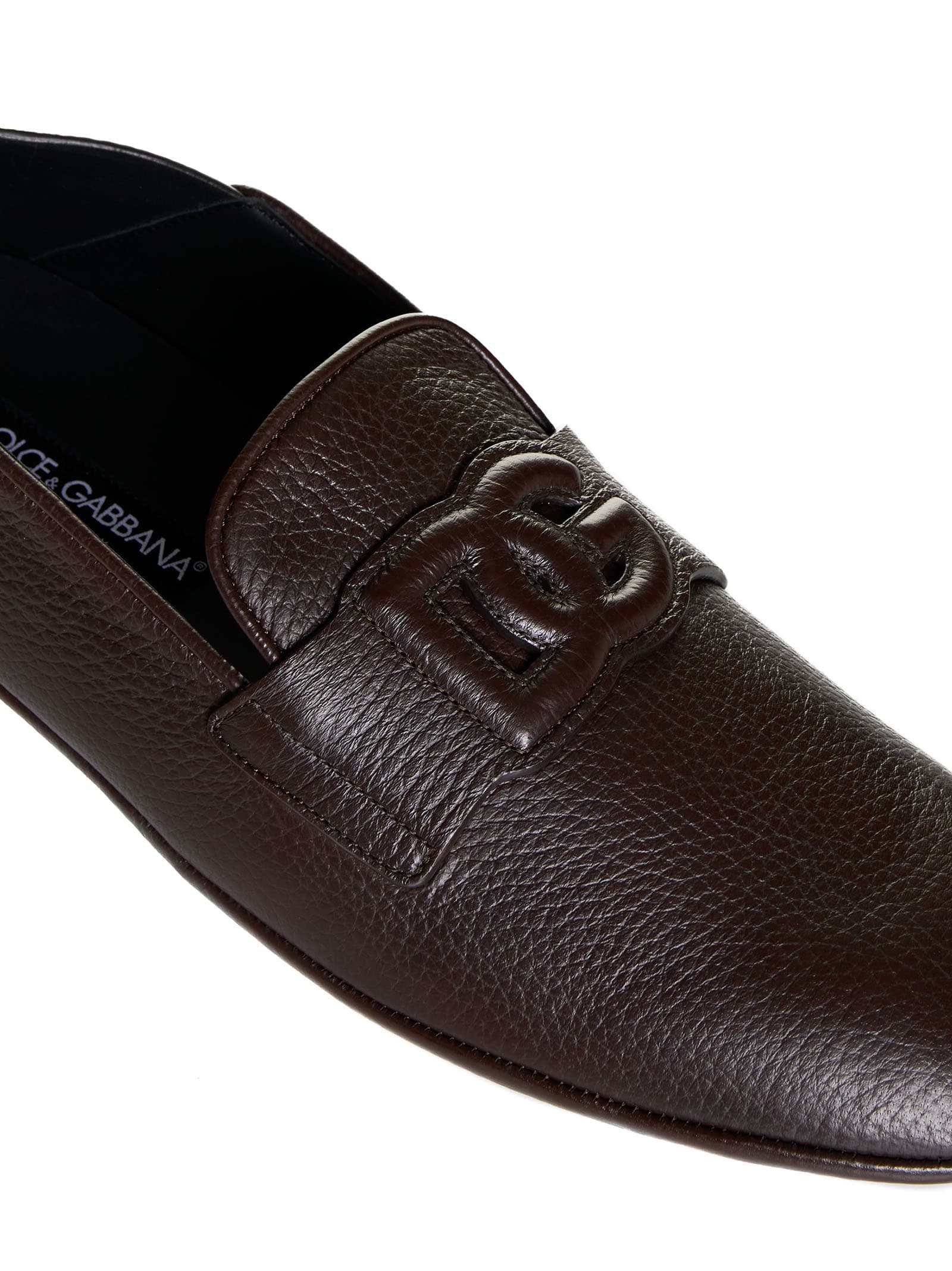 Dolce & Gabbana Leather Loafers With Round Toe And Textured Finish In Moro