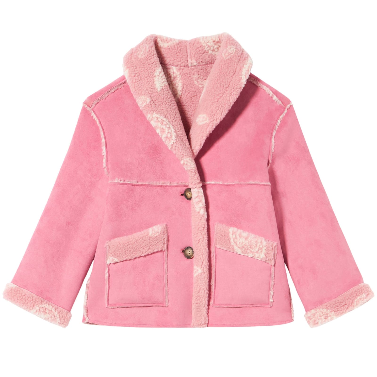 Mc2 Saint Barth Kids' Girl Shearling Jacket With Paisley Print In Pink