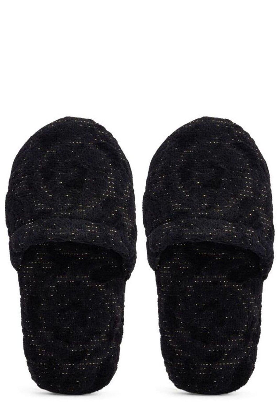 Shop Versace Round-toe Barocco Patterned Slides In Black/gold