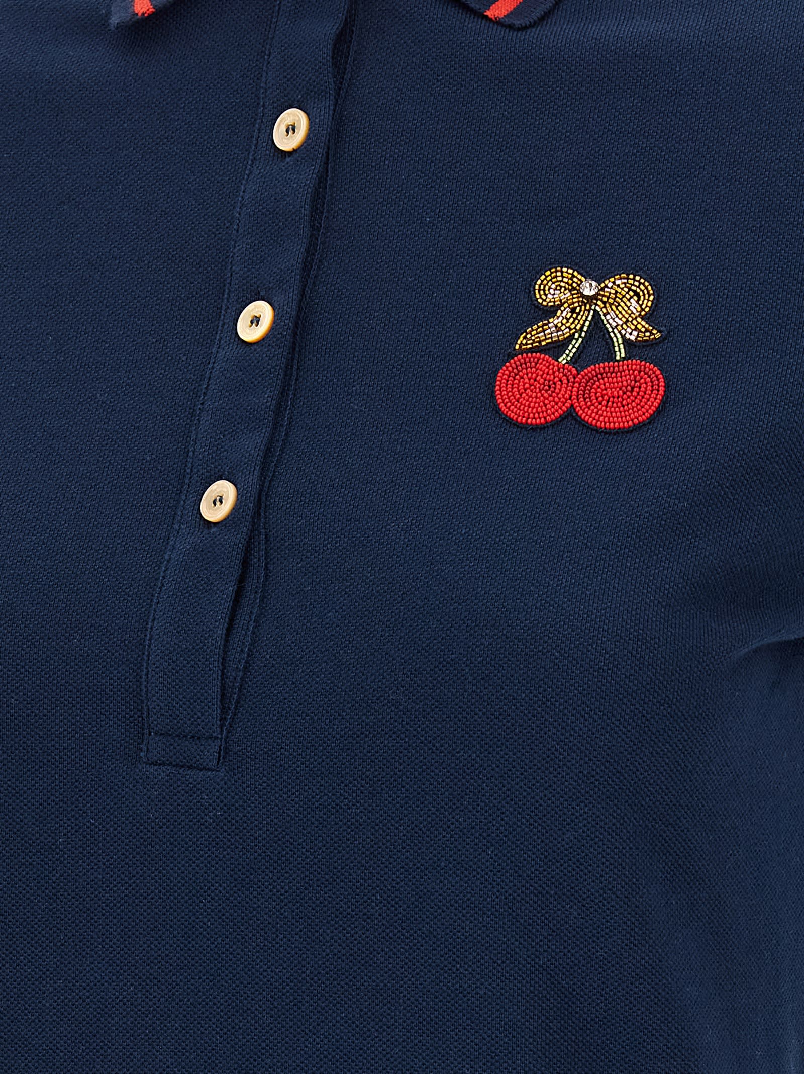 Valentino Cherry Embroidery Polo With Contrast Trim In Blue