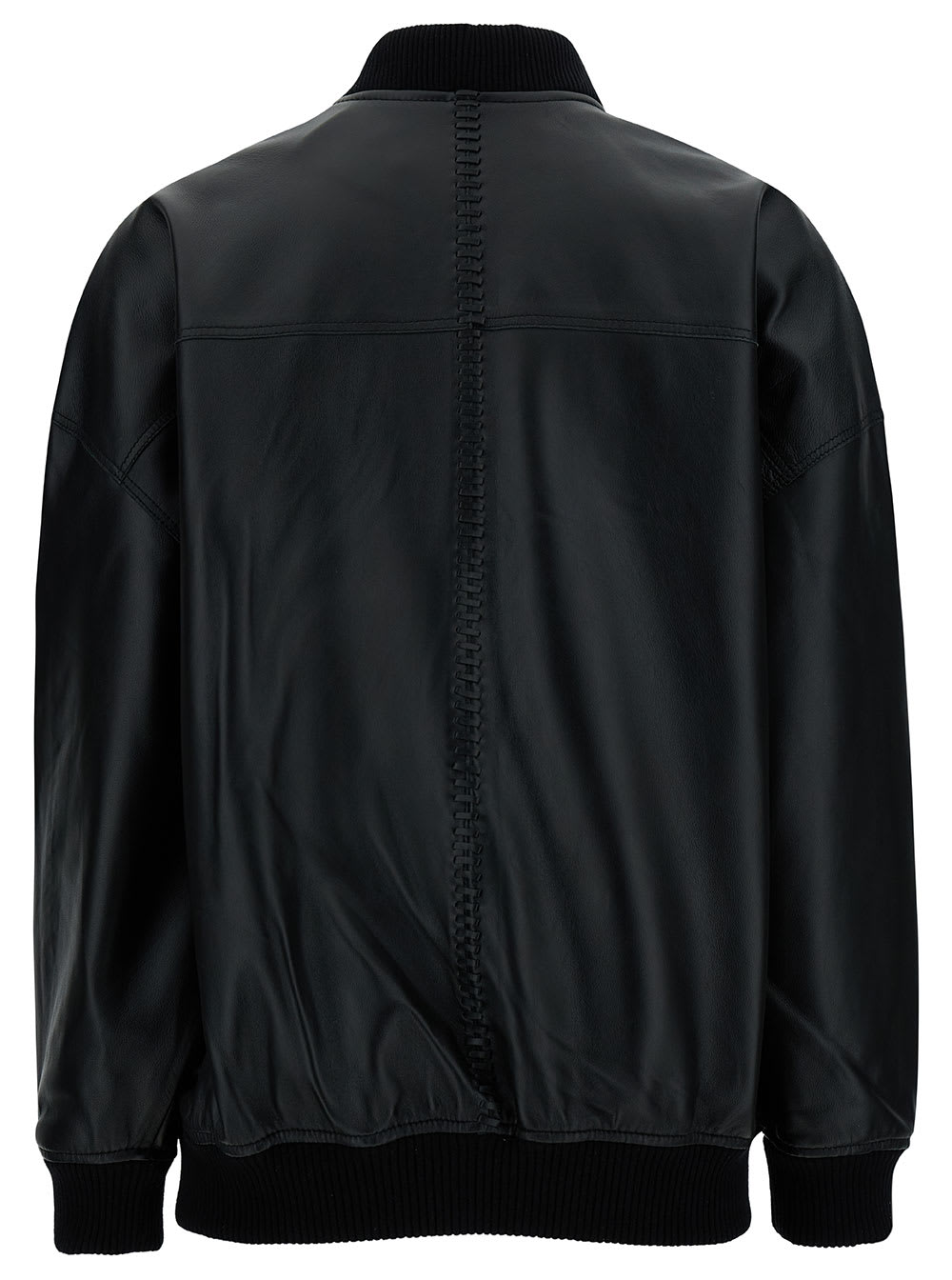 Shop Federica Tosi Black Bomber Jacket With Ribbed Trim In Leather Woman