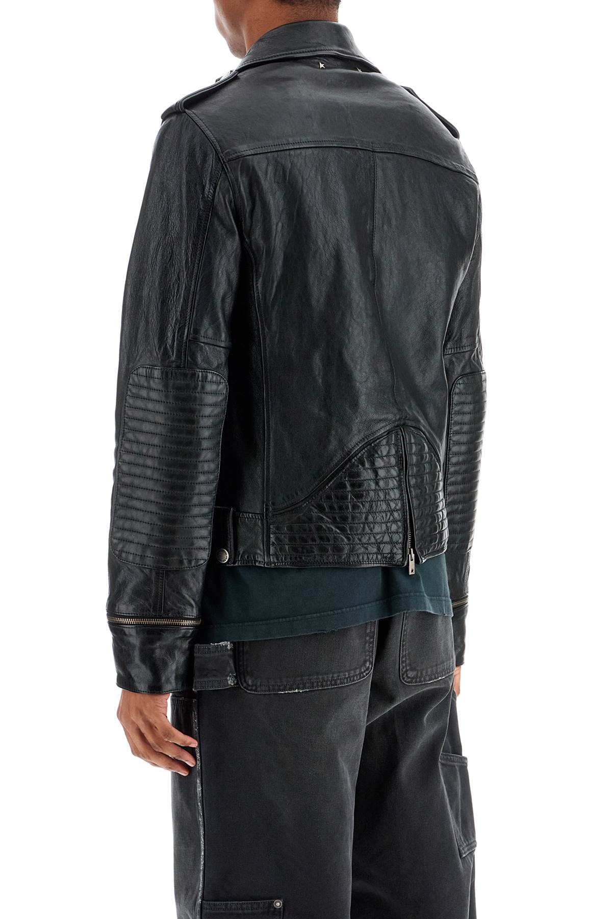 Golden Goose Black Biker Jacket With Notched Revers And Leopard Lining In Black (black)