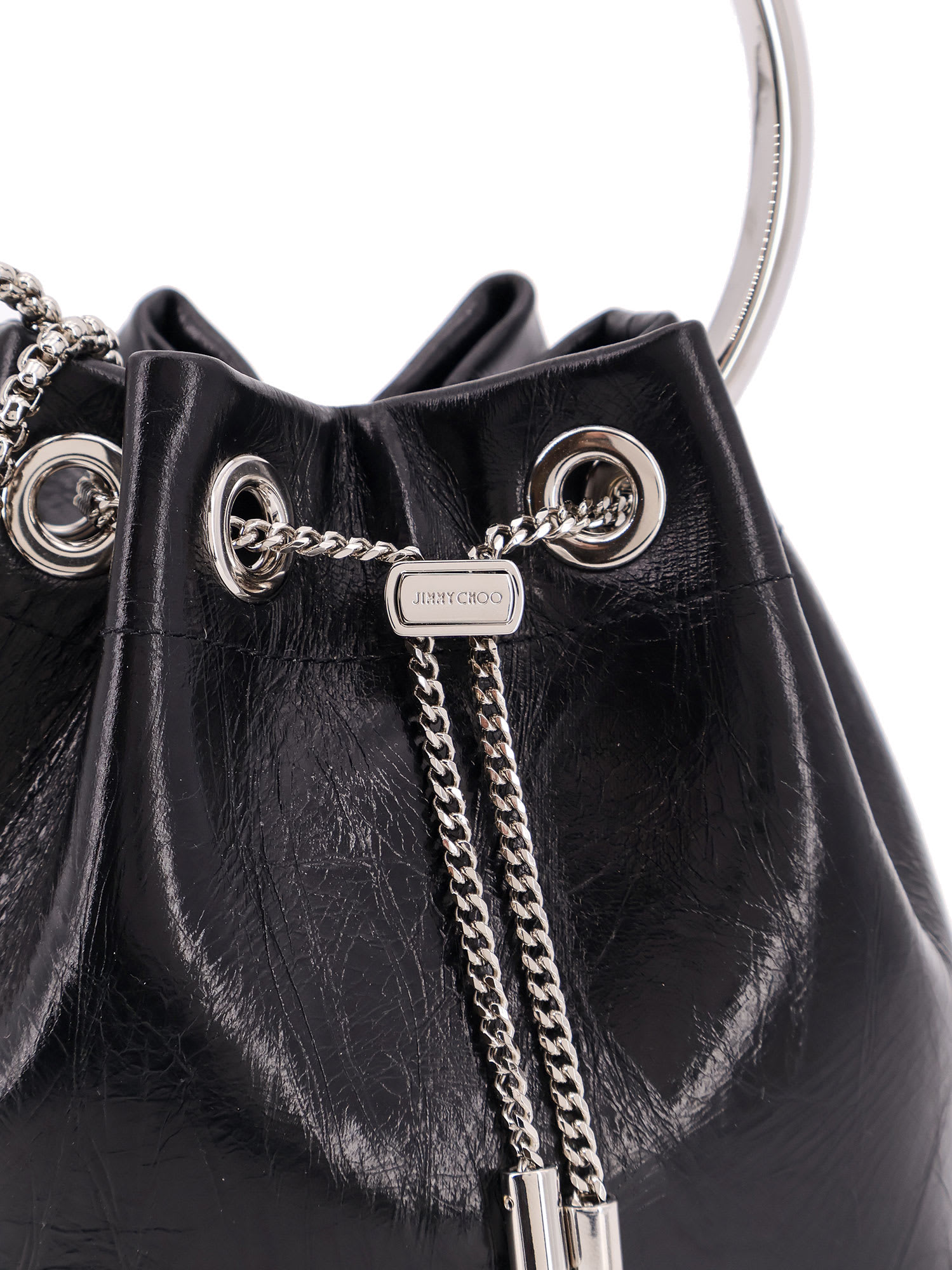 Jimmy Choo Eyelet Chain Bucket Bag With Metallic Handle In Black