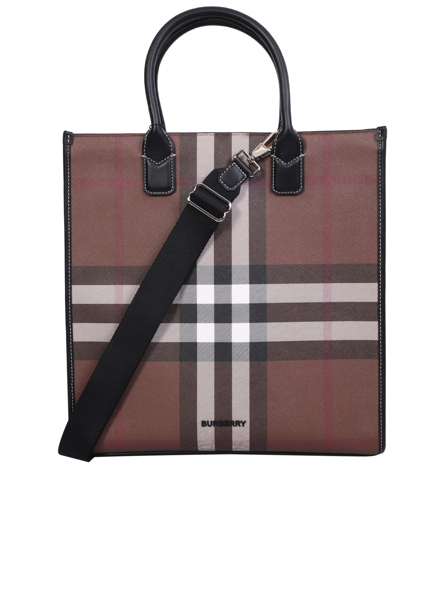 Burberry Men's Check Wool and Leather Shopper Tote Bag