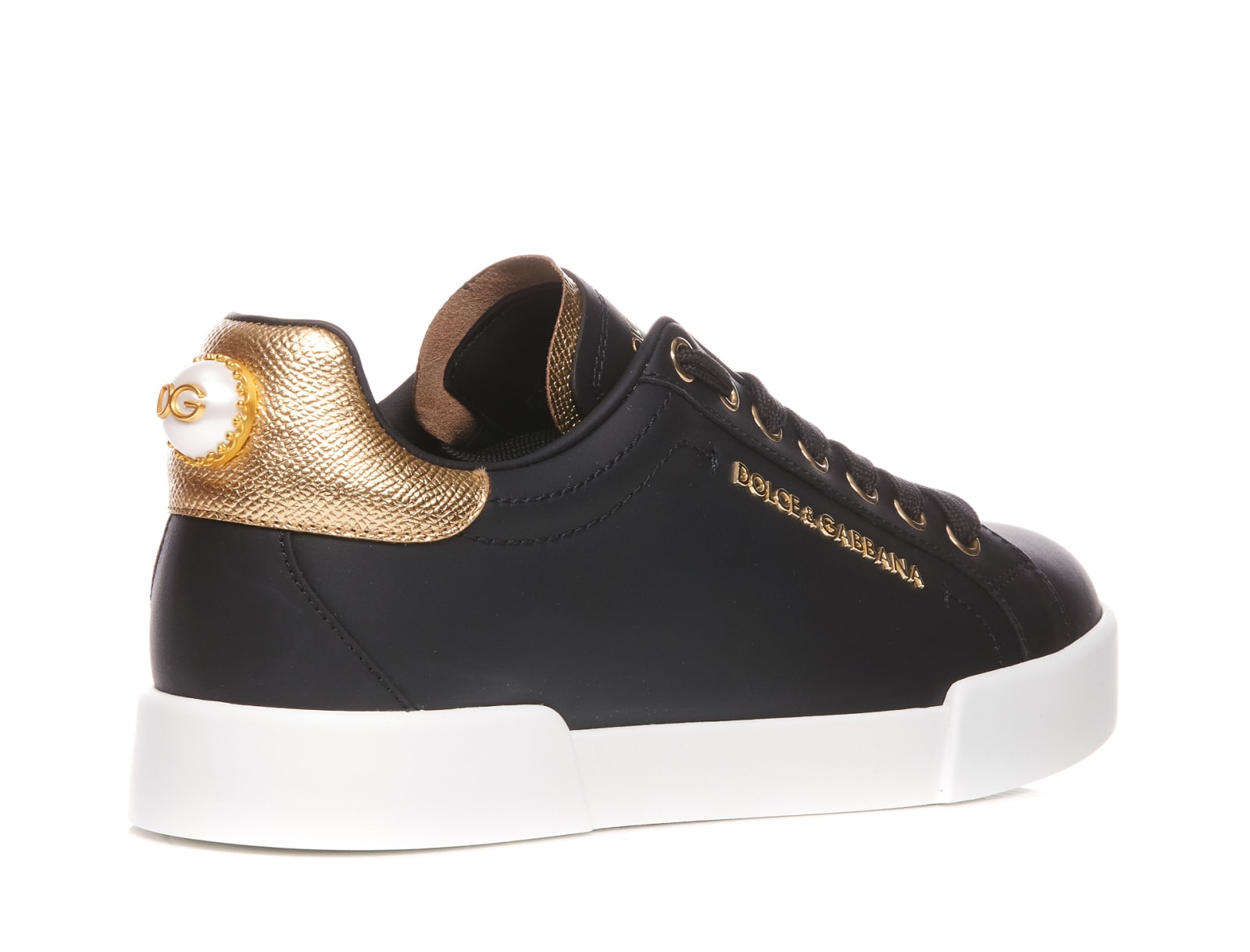 Dolce & Gabbana Calfskin Nappa Portofino Sneakers With Lettering In Black  Gold | ModeSens