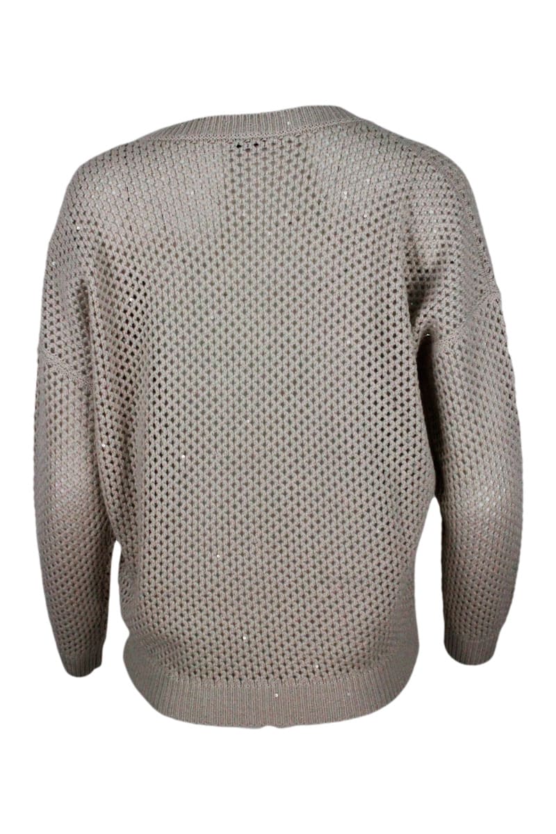 Shop Brunello Cucinelli V-neck Sweater In Cashmere And Silk With Mesh Processing Embellished With Micro Sequins In Beige