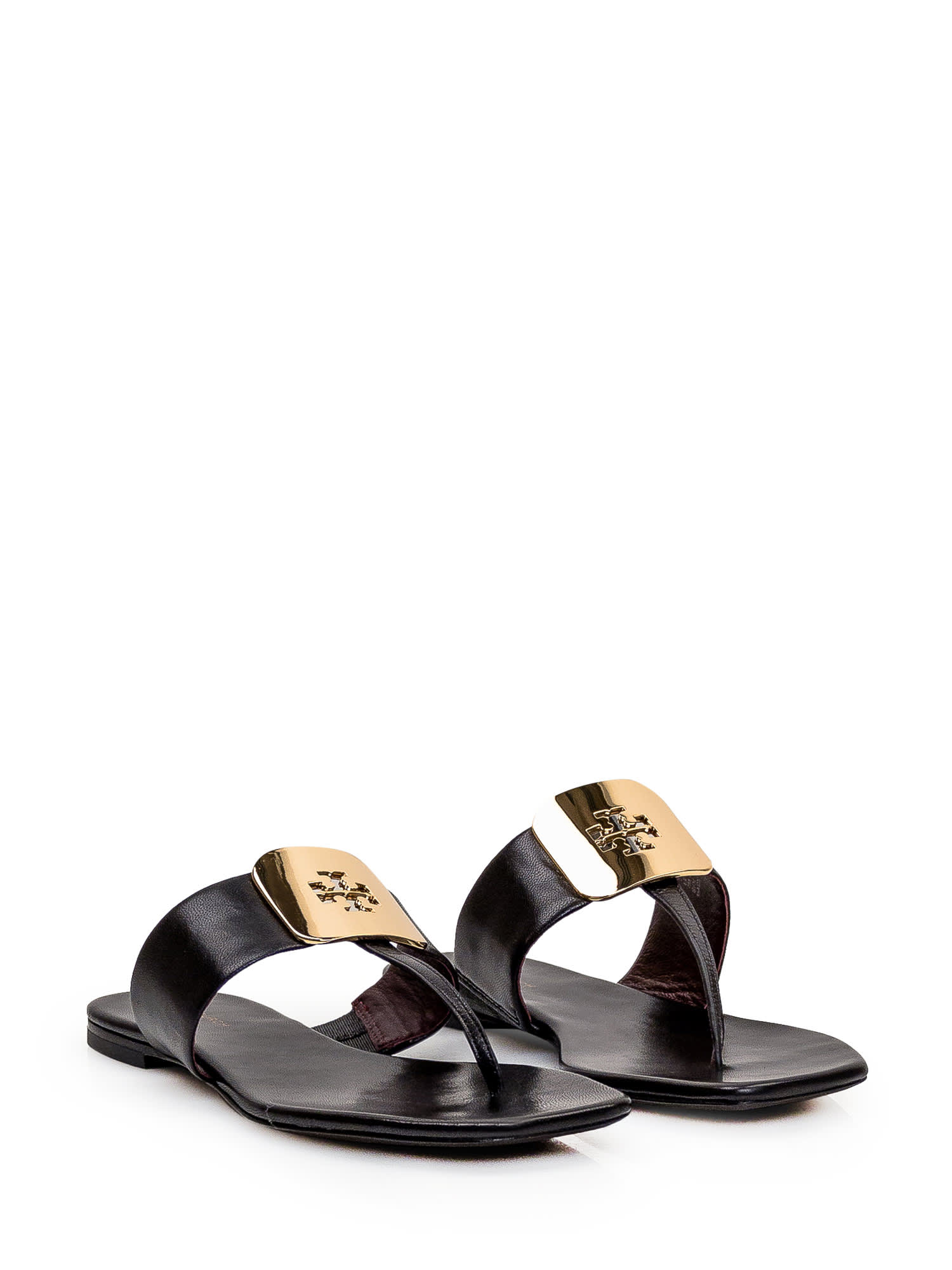Tory Burch Georgia Leather Logo Thong Sandals In Black