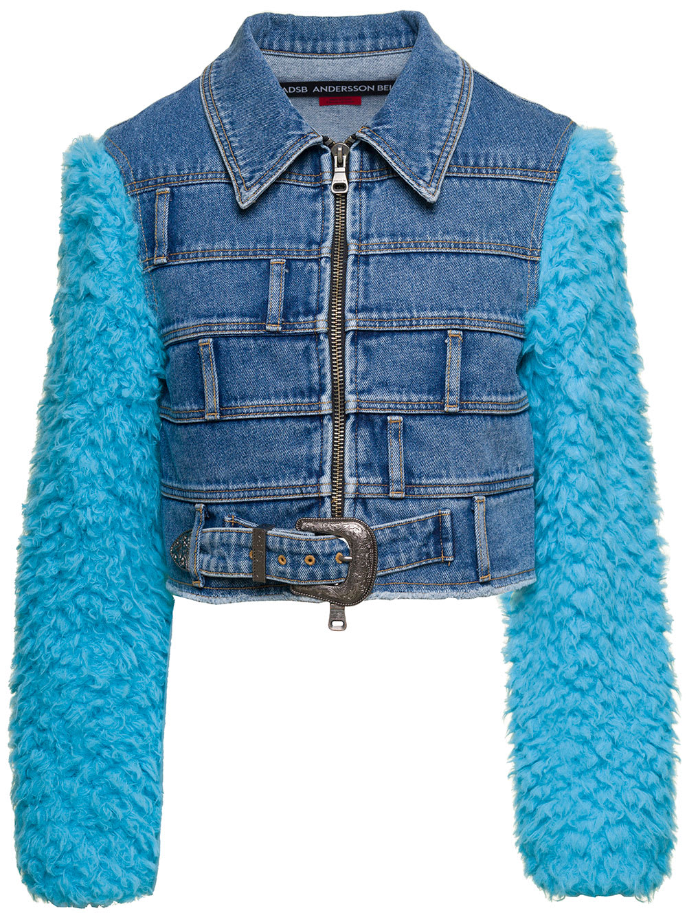 ANDERSSON BELL DUA LIGHT BLUE JACKET WITH FAUX-FUR SLEEVES AND MULTI-WAIST EFFECT IN COTTON DENIM WOMAN