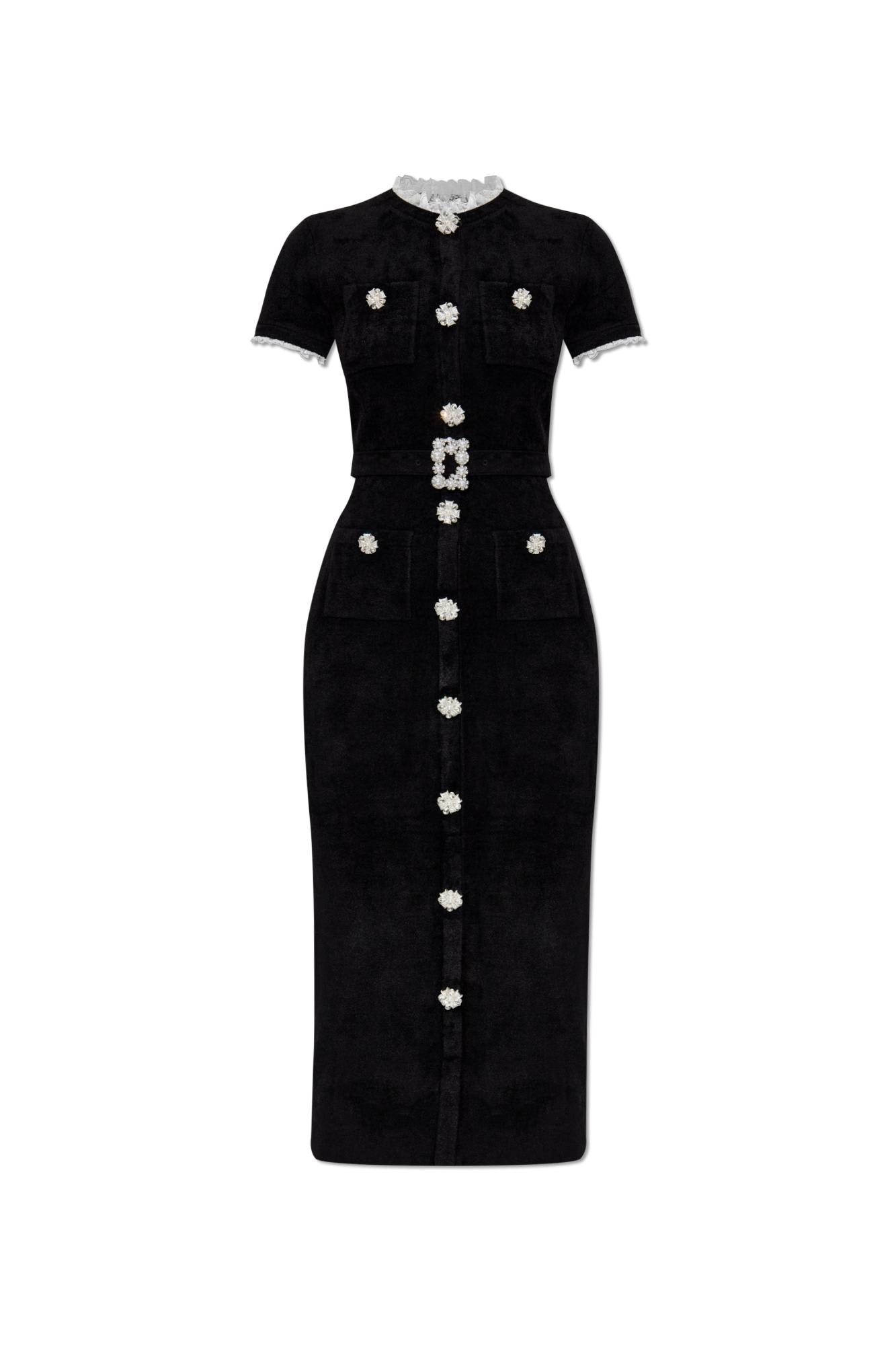 Self-portrait Womens Black Crystal-embellished Lace-trim Chenille-knit Midi Dress In Black