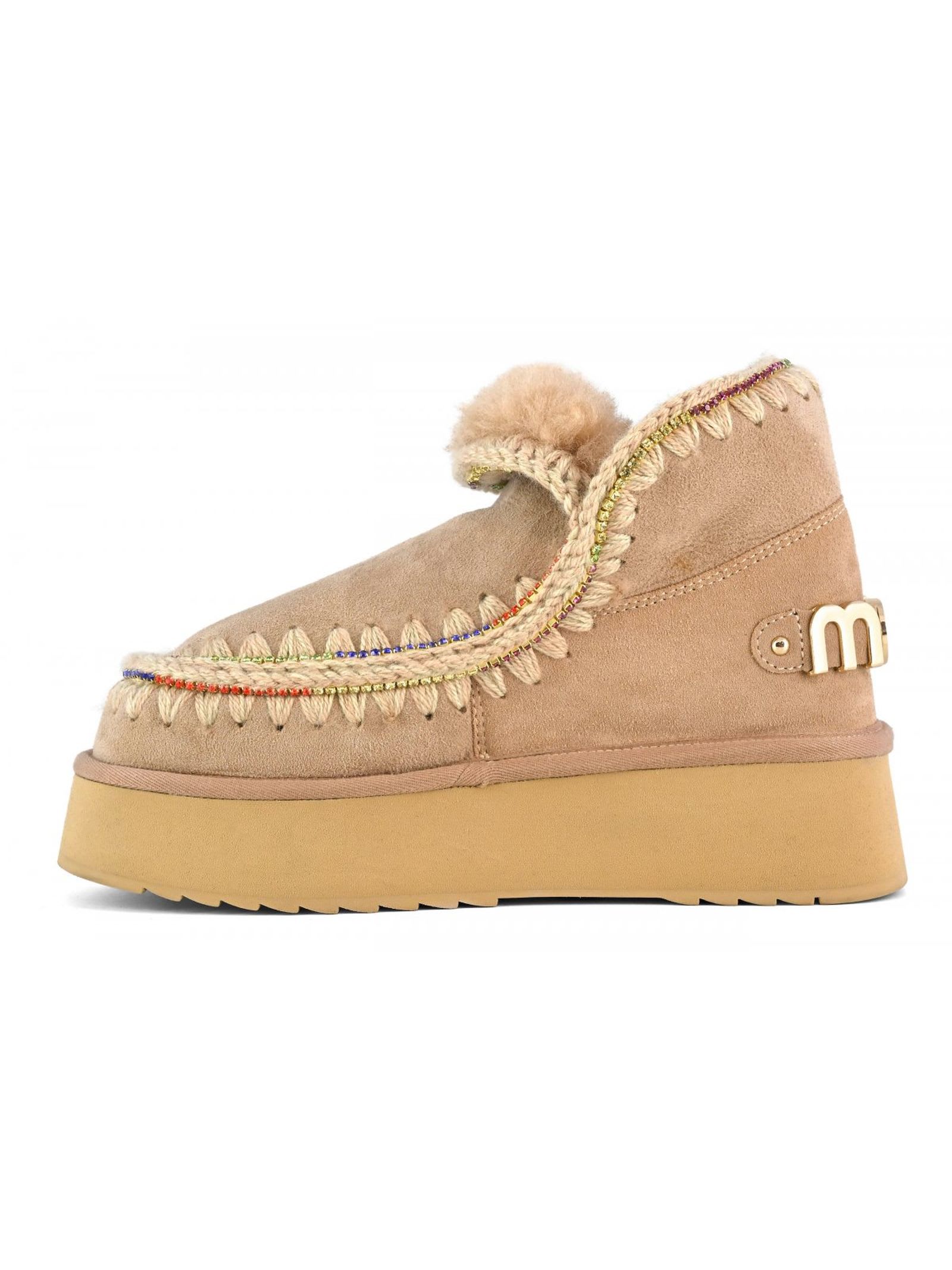 Shop Mou Eskimo 18 Platform Rhinestones Camel Suede In Beige