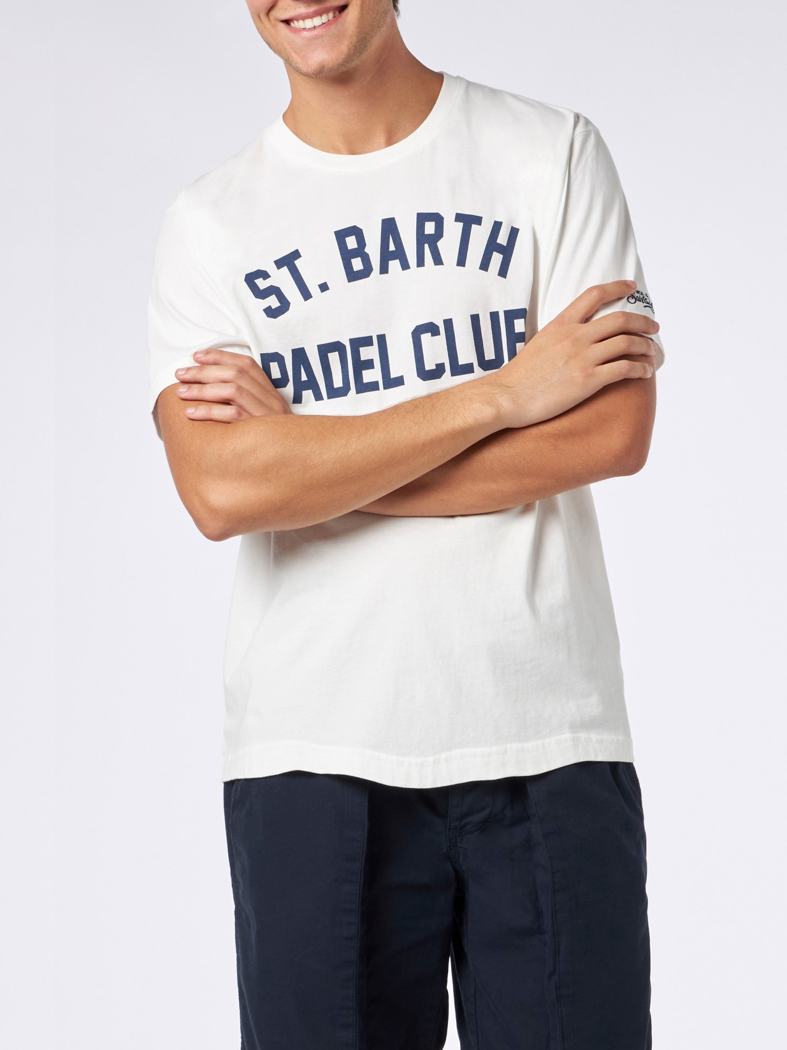 Mc2 Saint Barth Man Heavy Cotton T-shirt With St. Barth Padel Club In White