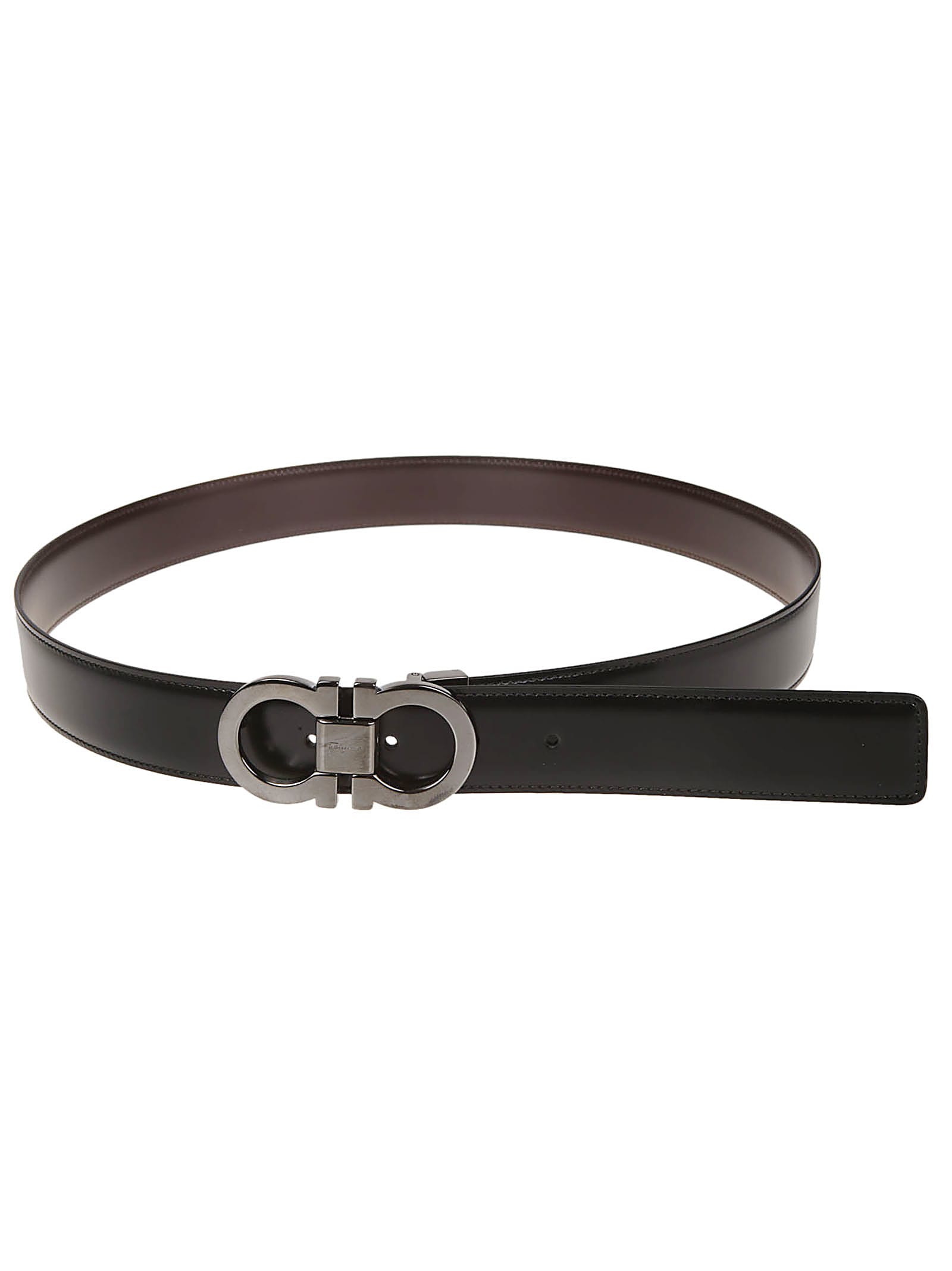 Ferragamo Reversible Belt With Brushed Finish Gancini In Brown