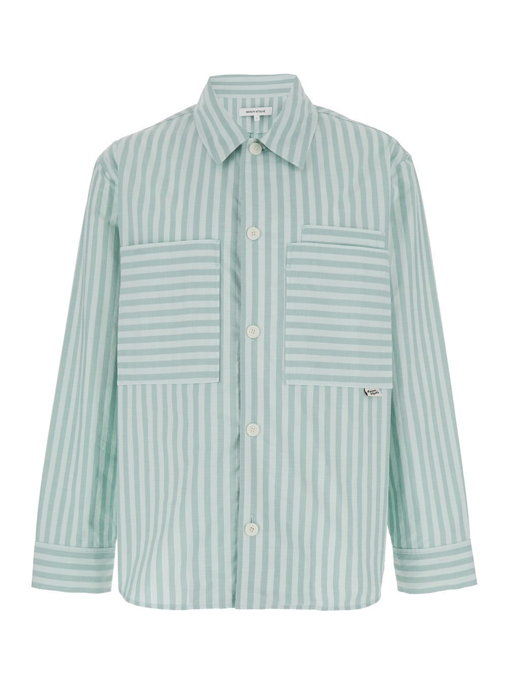 Shop Maison Kitsuné Green Striped Overshirt In Cotton Man In Light Blue