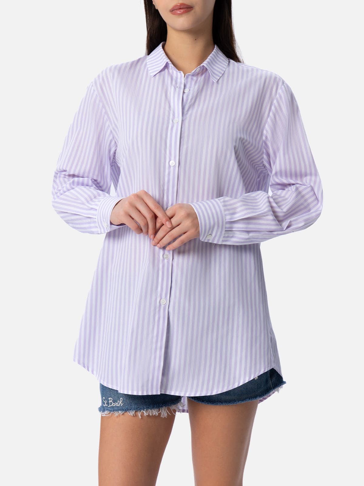 Shop Mc2 Saint Barth Woman Cotton Shirt Brigitte With Striped Print In Lilac