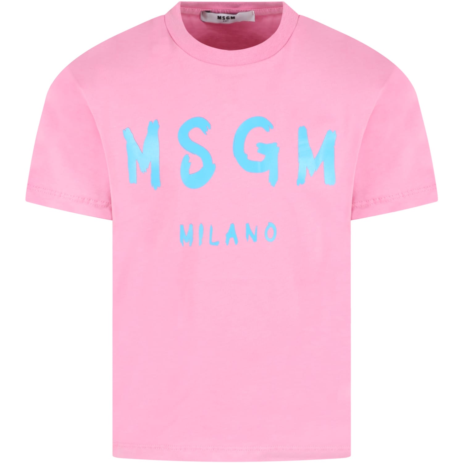 MSGM Pink T-shirt For Kids With Light Blue Logo