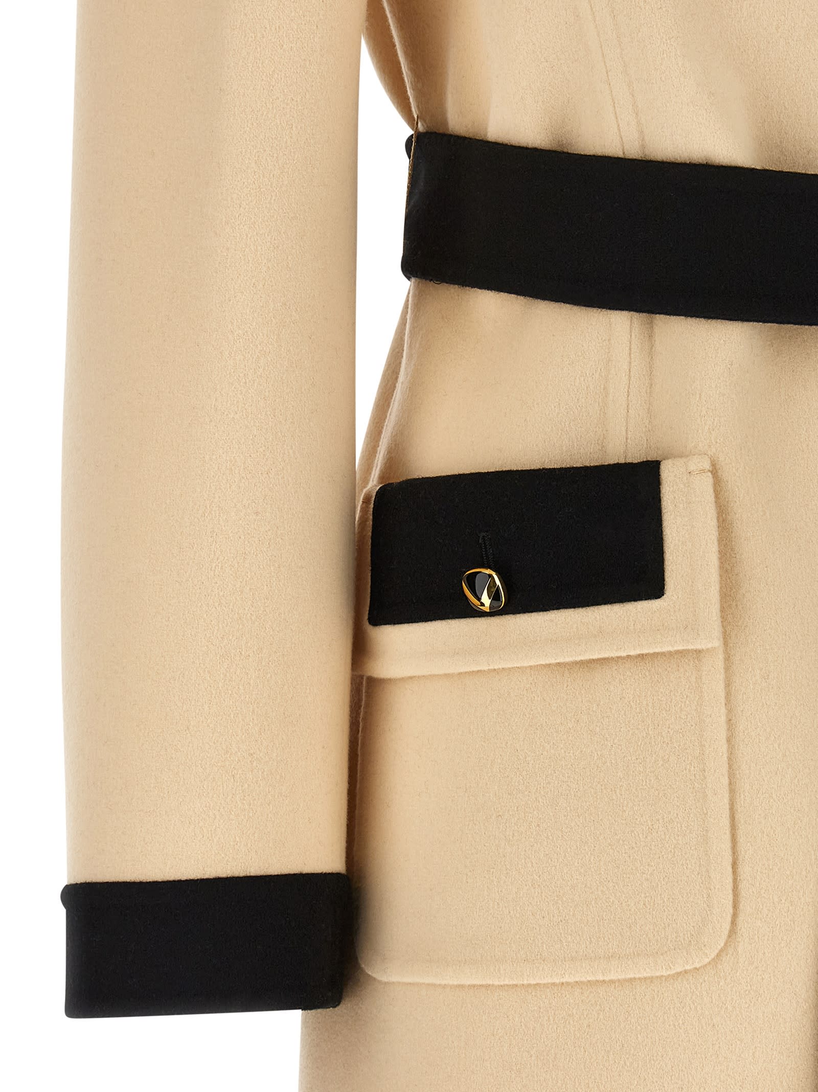 Valentino Wool Coat With Belted Waist And Contrast Trim In Multi