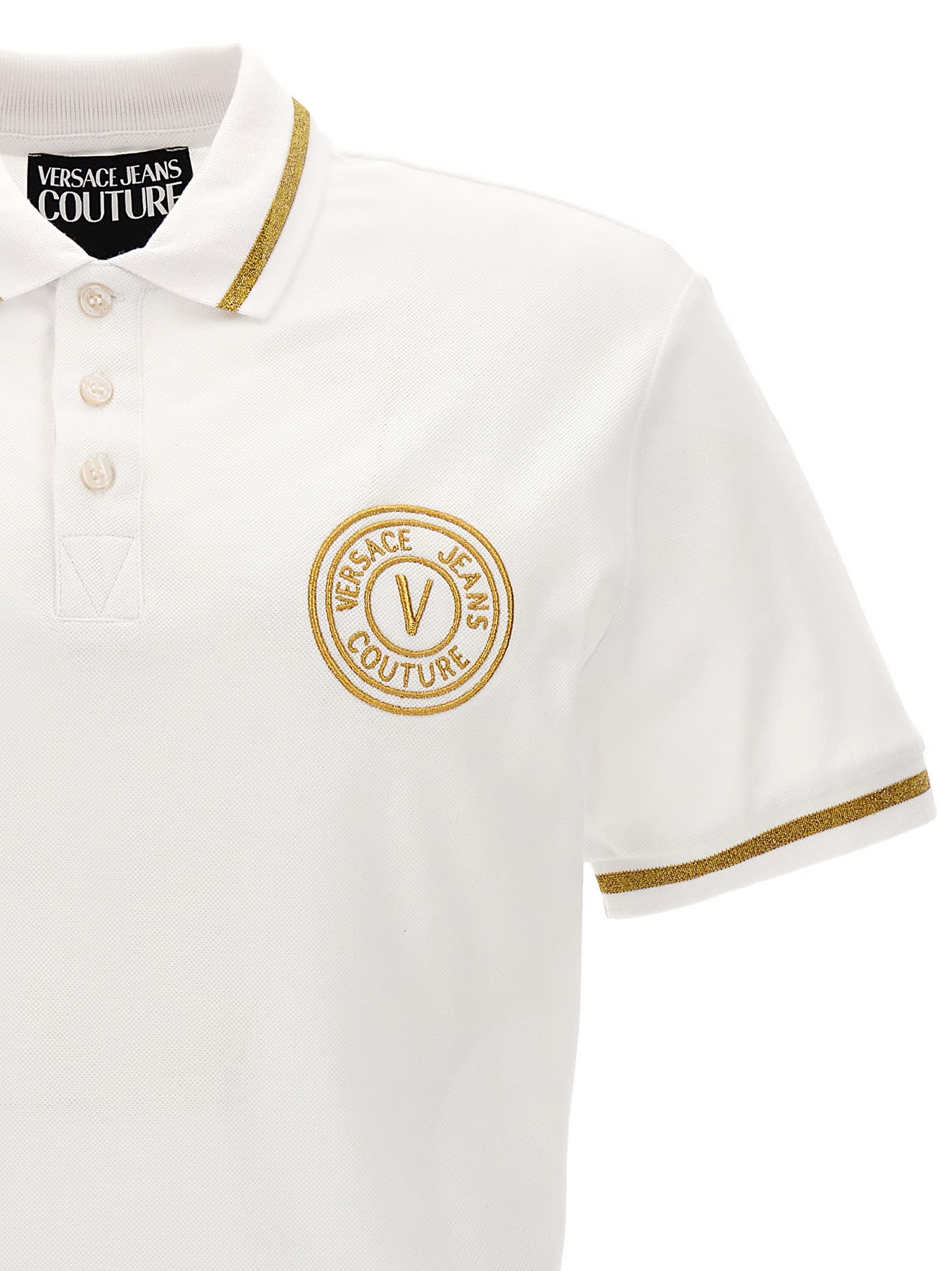 Shop Versace Jeans Couture Logo Polo Shirt In White/gold