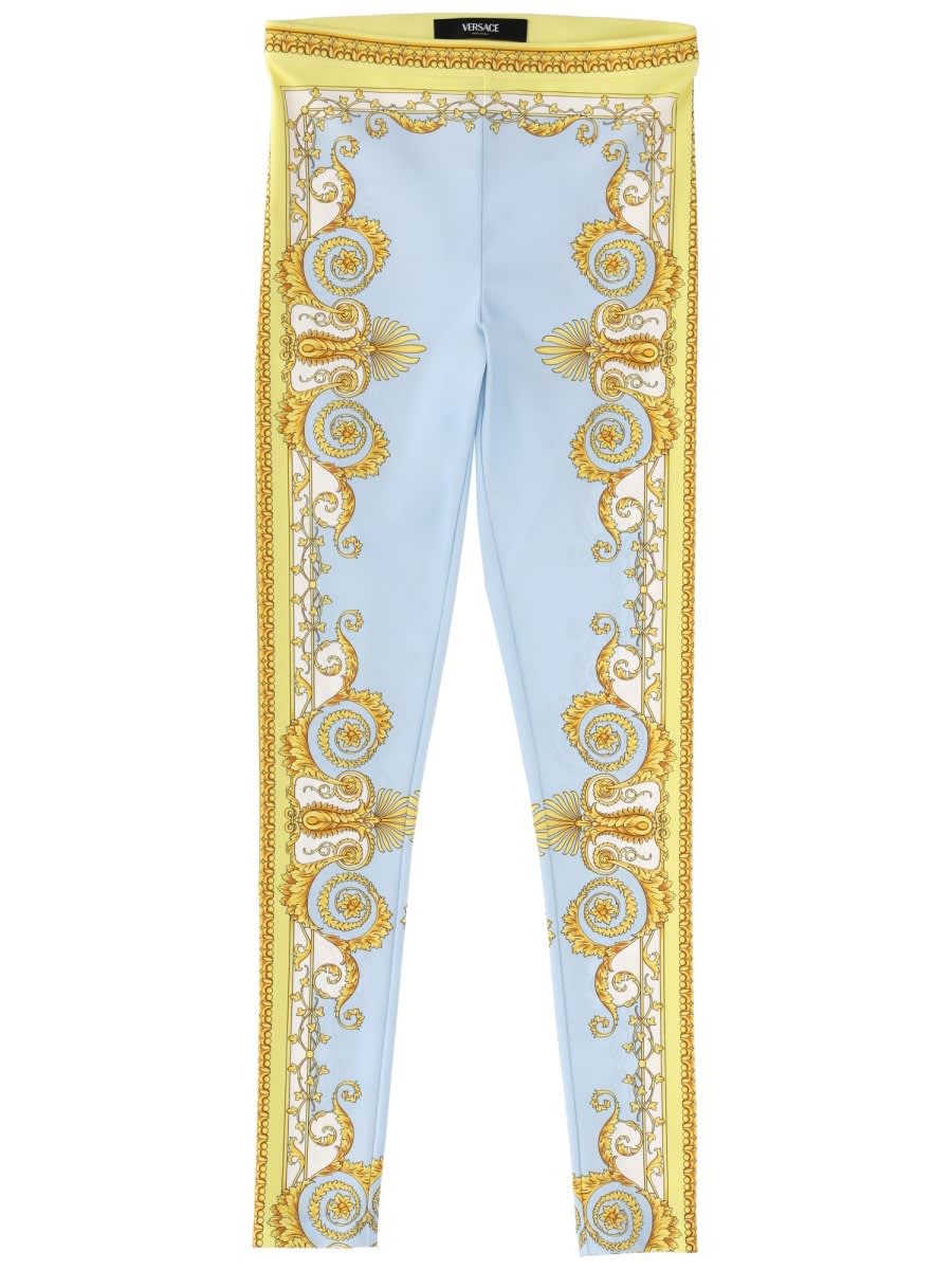 Versace Blue Leggings With All-over Geometric Print In Stretch Fabric Woman In Multi