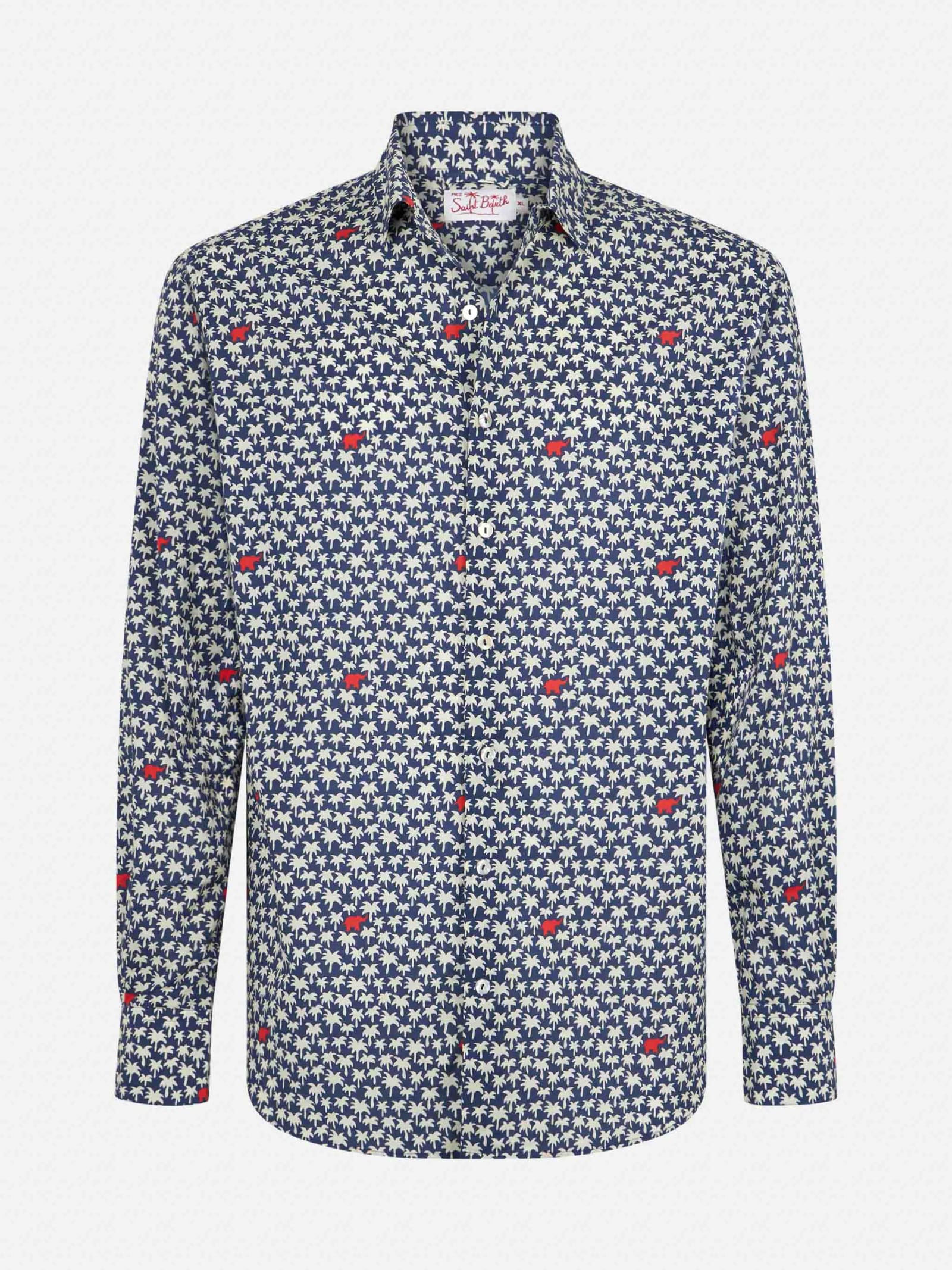 Mc2 Saint Barth Man Muslin Cotton Sikelia Shirt With Palm Print