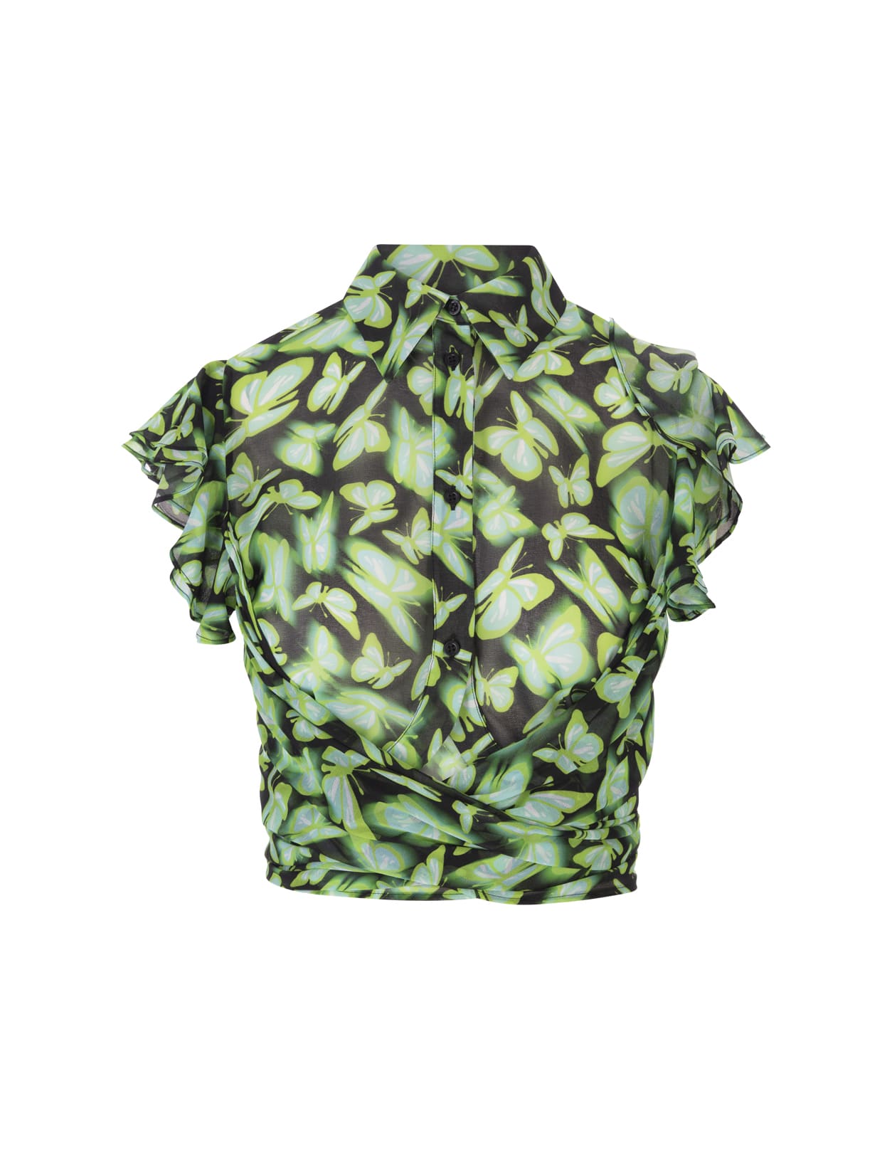 MSGM Black Crop Shirt With Green Butterflies Print