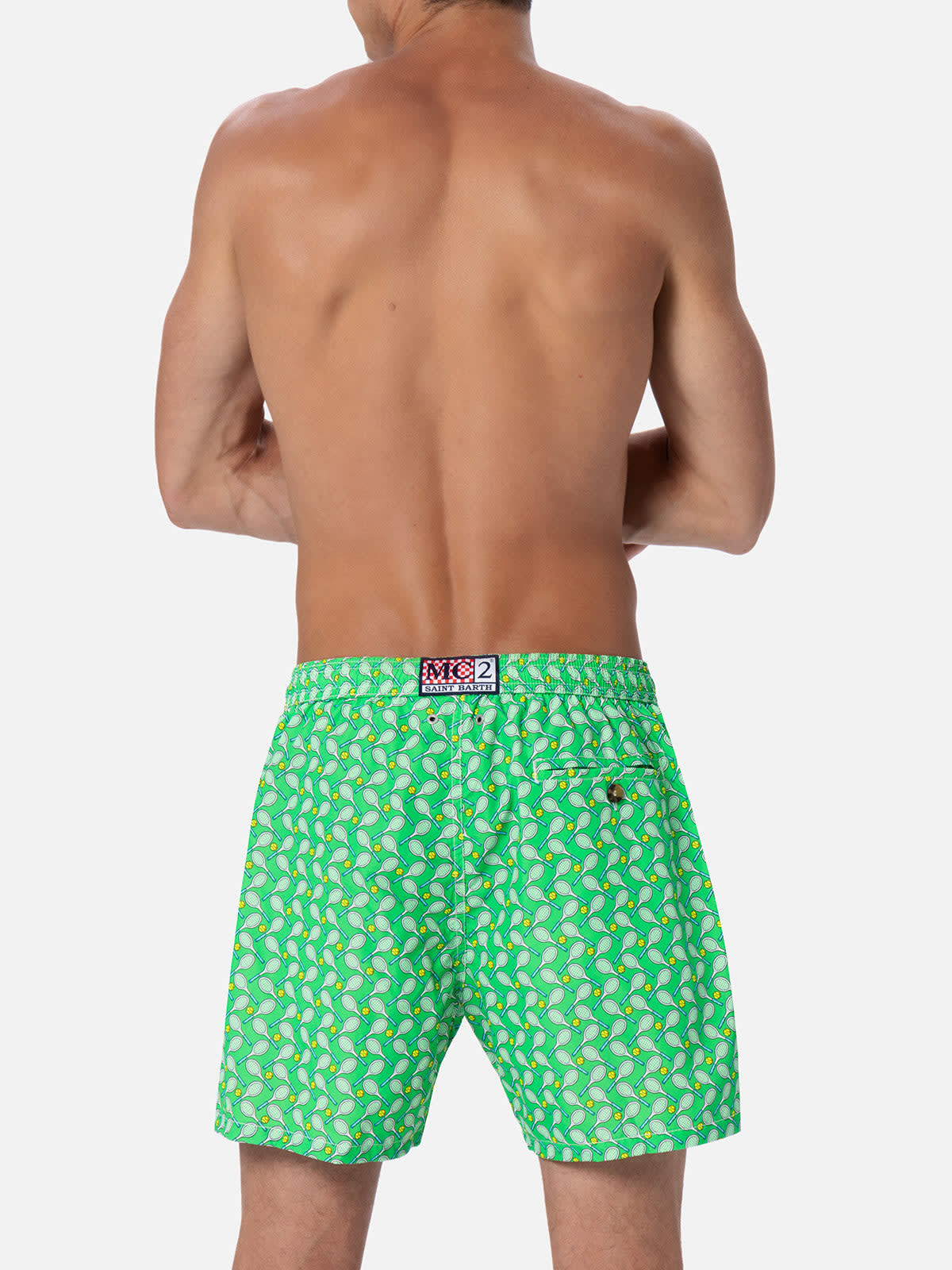 Mc2 Saint Barth Man Lightweight Fabric Swim-shorts Lighting Micro Fantasy With Tennis Print In Green