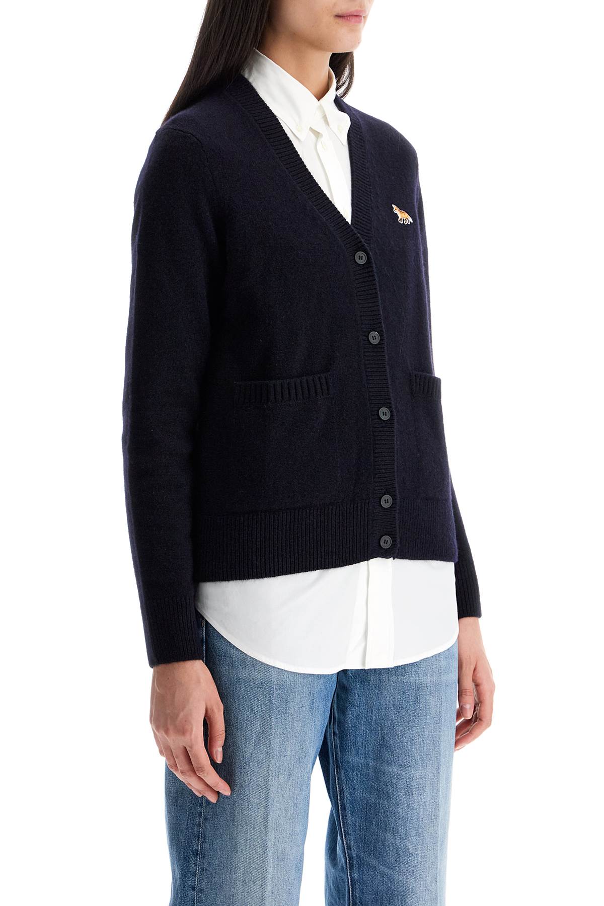 Maison Kitsuné Oversized Blue Cardigan 100% Wool With Fox Patch