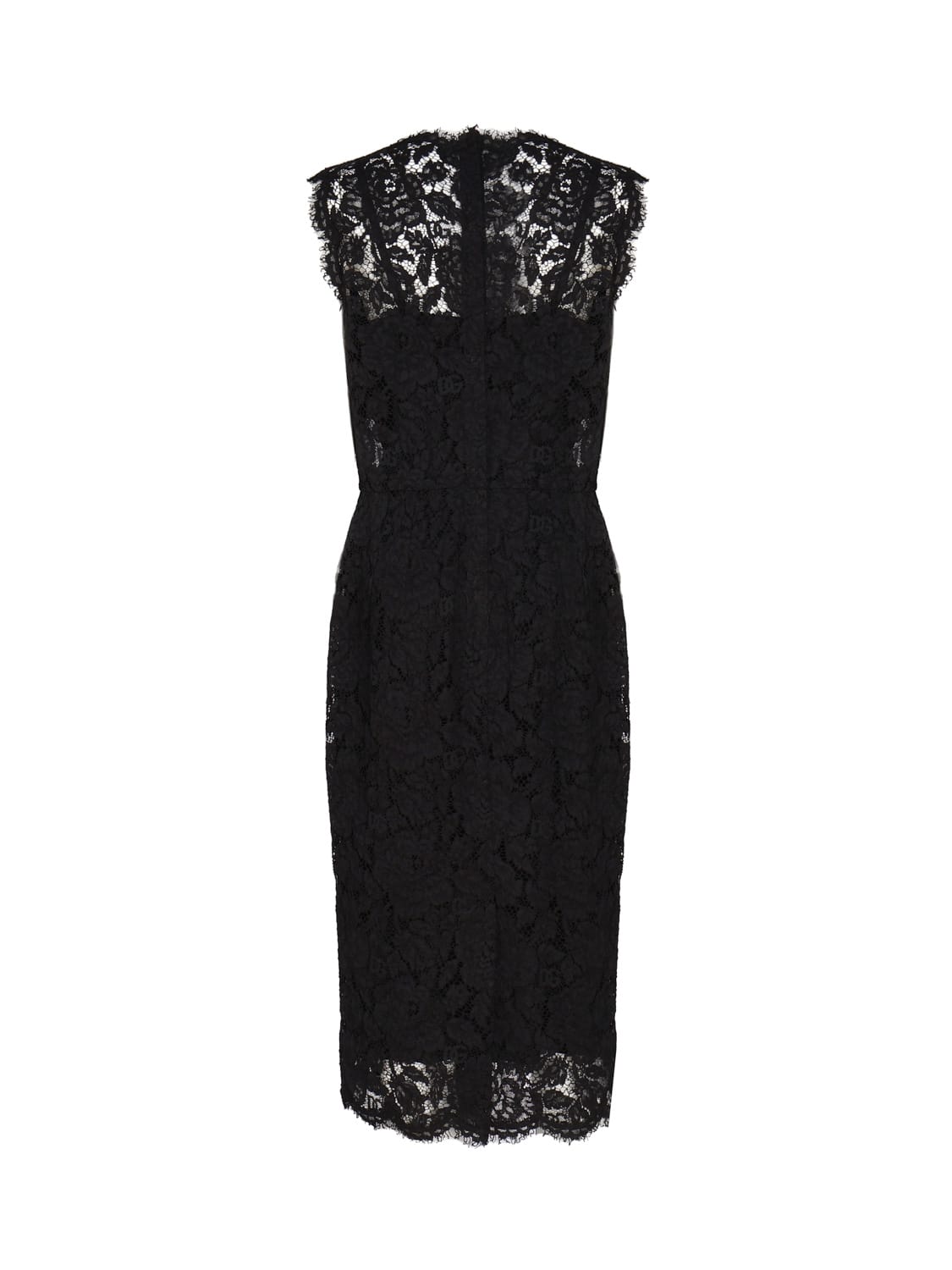 Shop Dolce & Gabbana Longuette Dress In Logoed Stretch Lace In Black