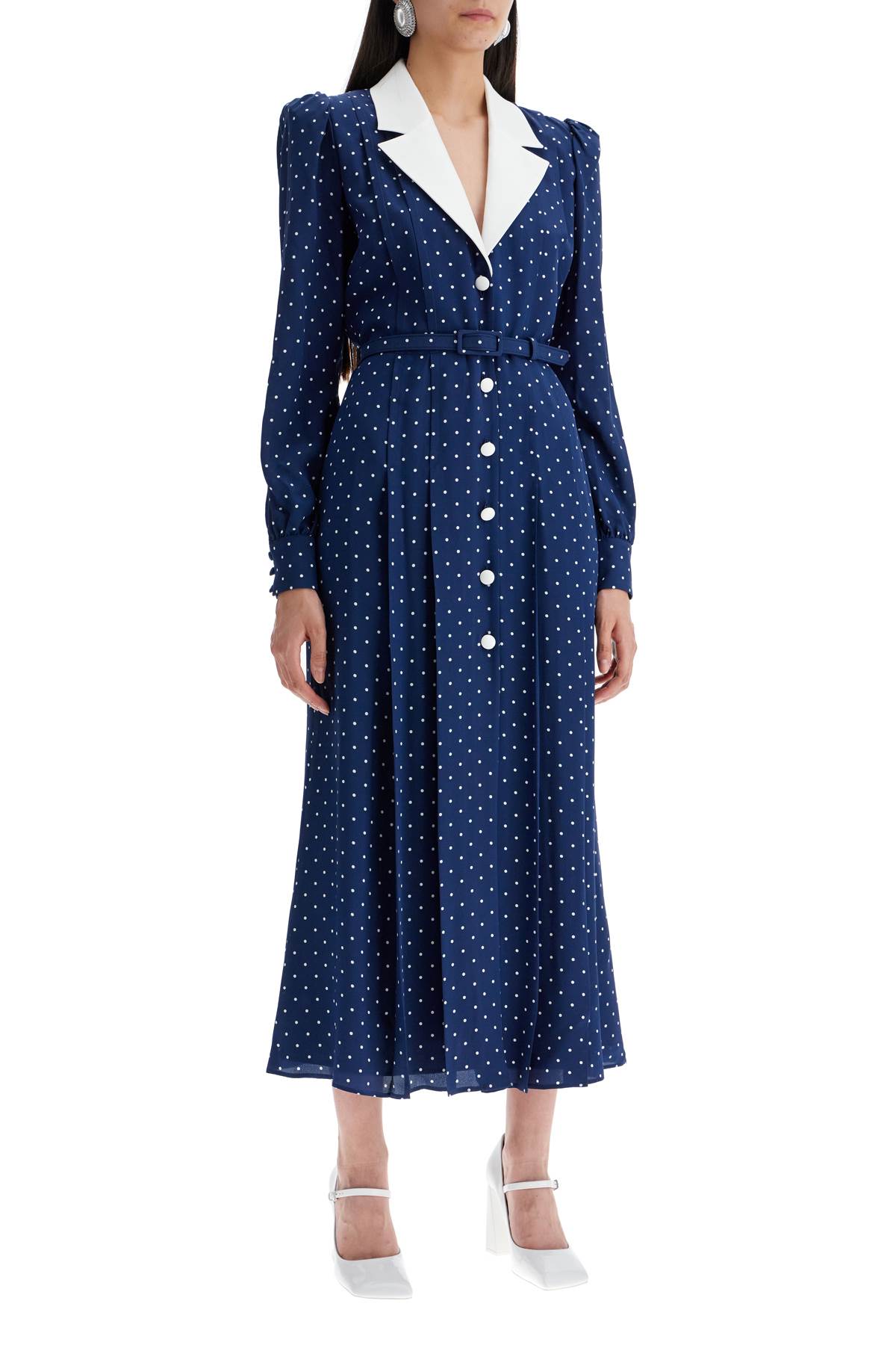 Shop Alessandra Rich Midi Dress With Mikado Collar In In Navy Blue-white (blue)