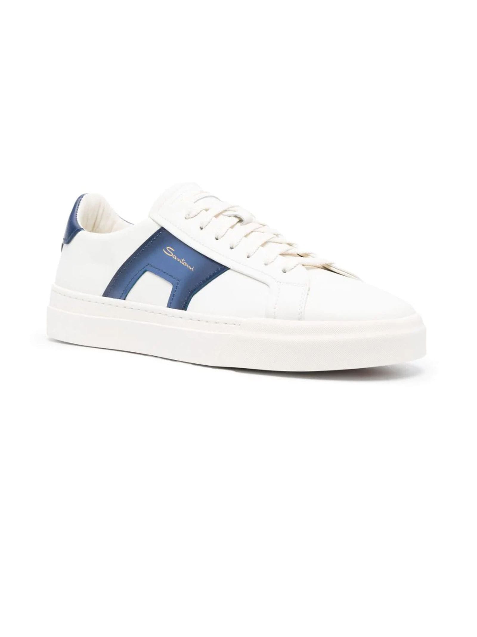 Shop Santoni White And Blue Leather Sneakers