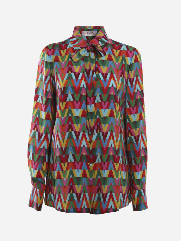 Valentino Silk Shirt With All-over Multicolored Optical V Print