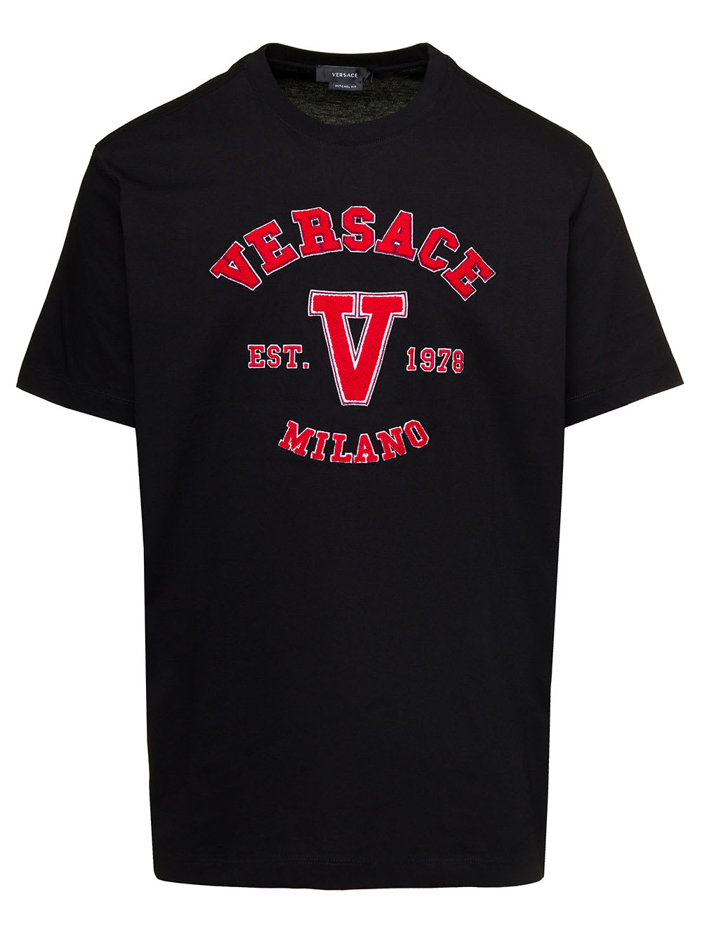 VERSACE BLACK CREWNECK T-SHIRT WITH TEDDY LOGO PATCH IN COTTON MAN