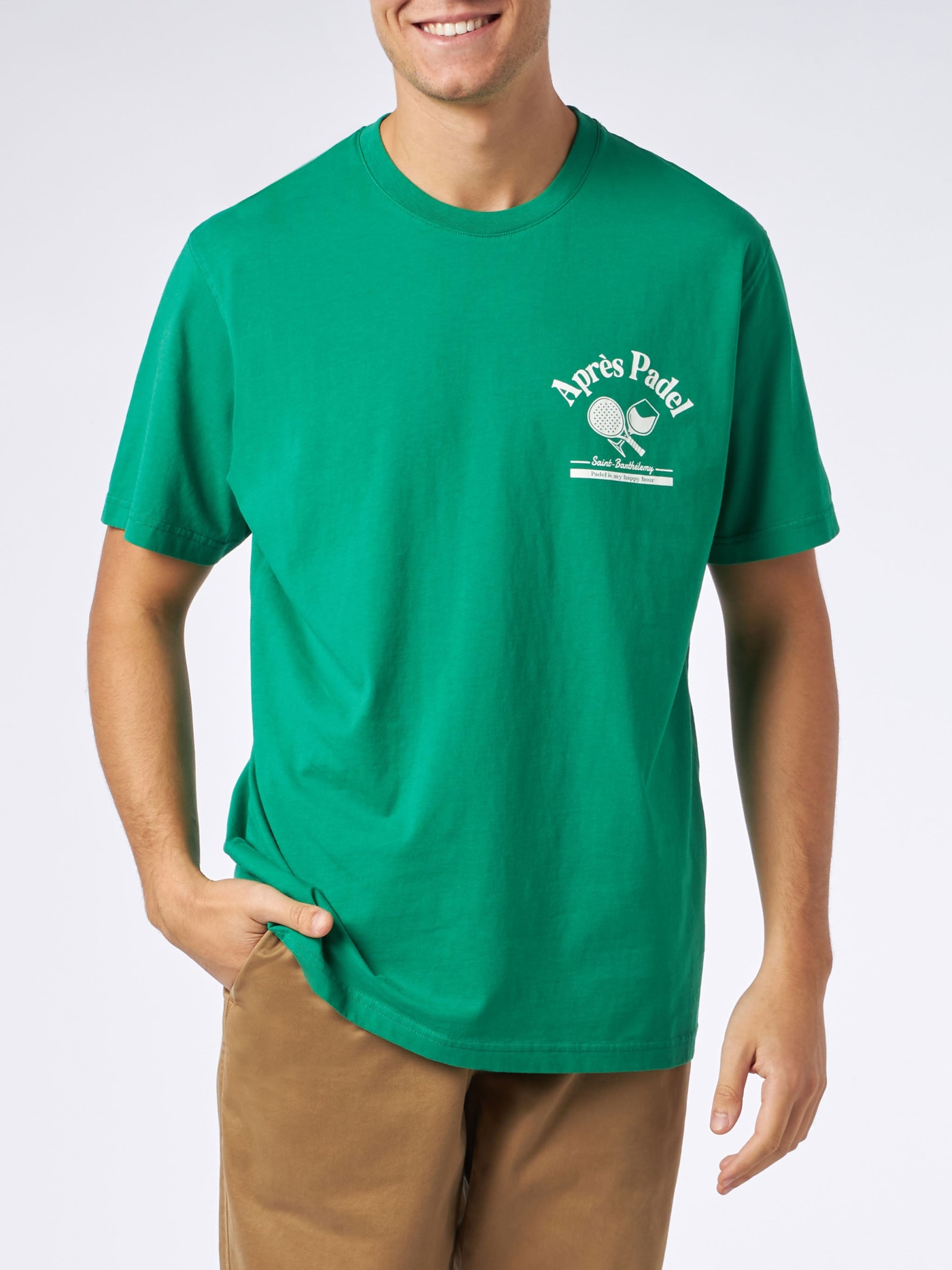 Shop Mc2 Saint Barth Man Heavy Cotton T-shirt With Padel Print In Green