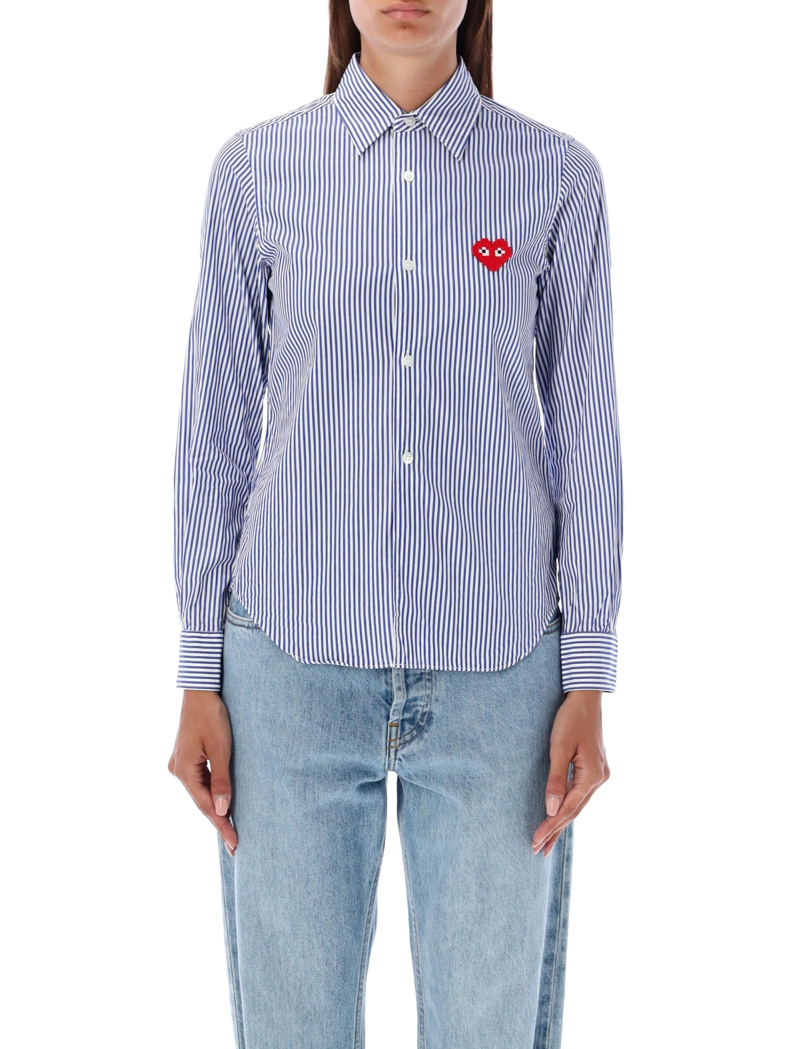 Comme Des Garçons Play Pixel Red Heart Shirt In Blue/white Stripes