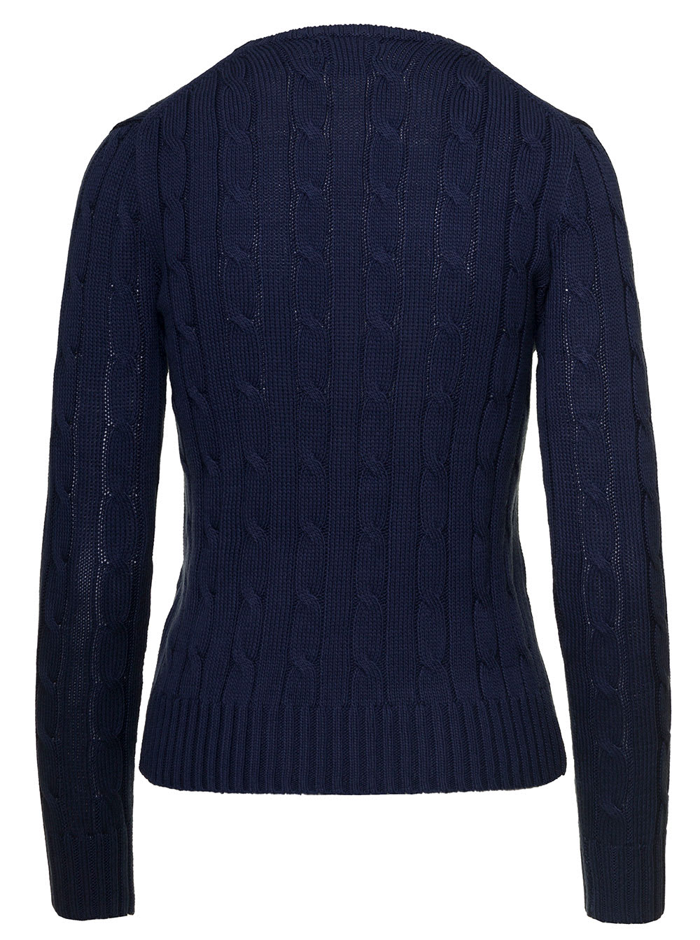 Shop Polo Ralph Lauren Juliana Blue Cable Knit Pullover With Contrasting Embroidered Logo In Cotton Woman