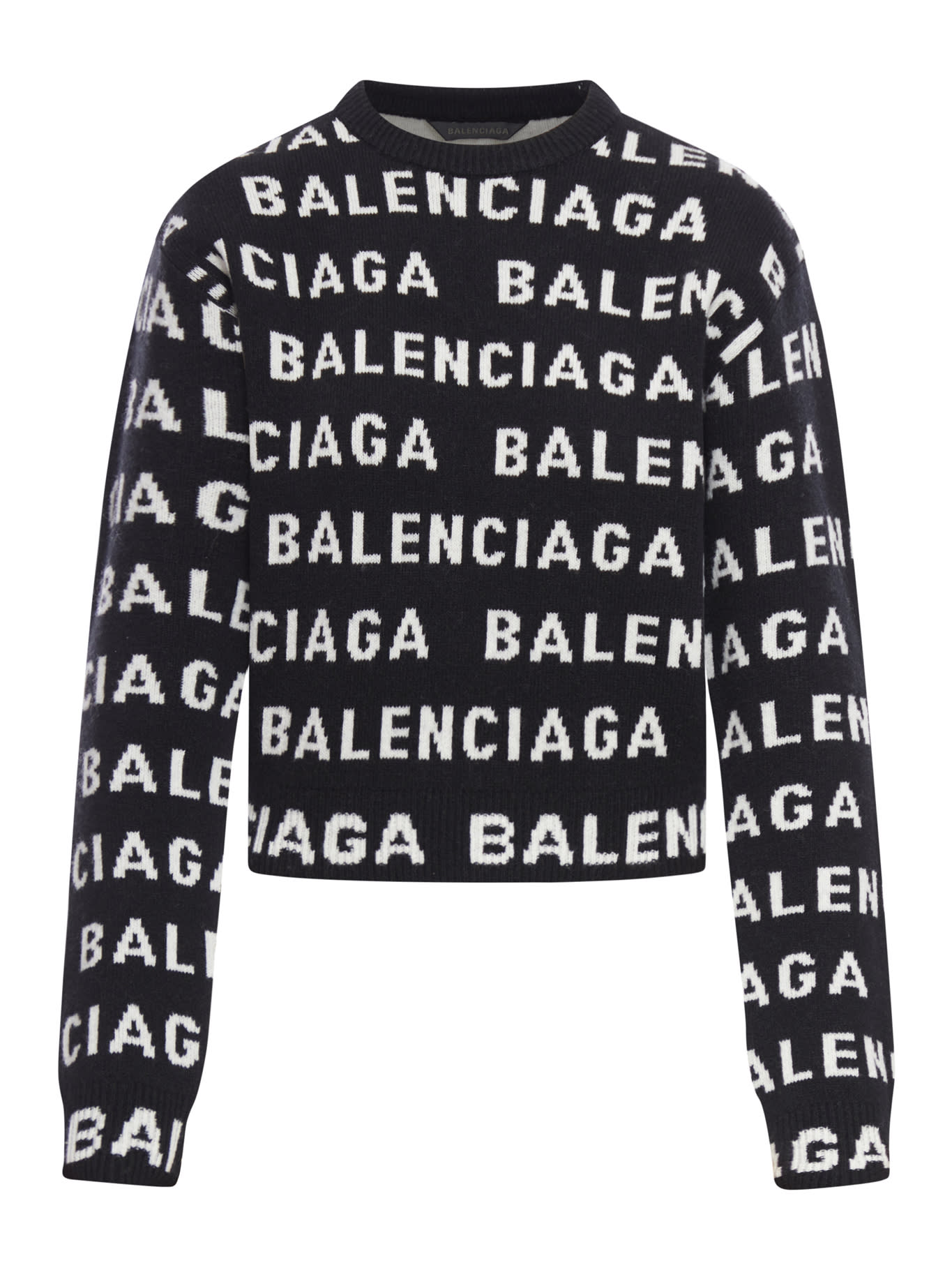 Shop Balenciaga Cropped Sweater Wool Logo Horizontal Knit In Black White