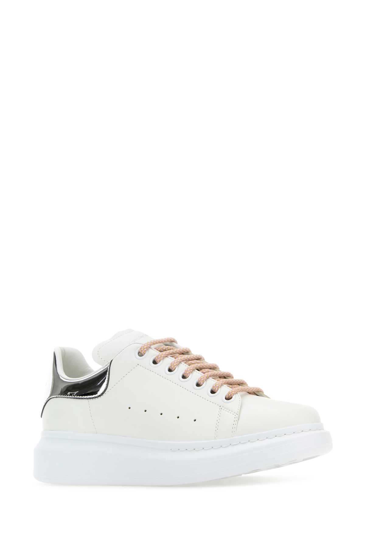 Shop Alexander Mcqueen White Leather Sneakers With Silver Leather Heel In Whitesilver