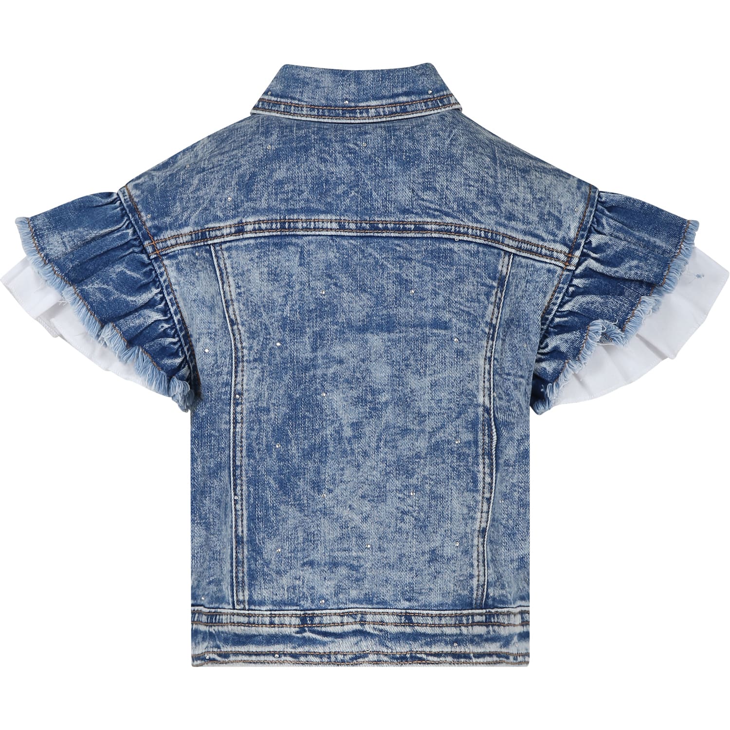 Shop Monnalisa Blue Jacket For Girl With Logo And Rhinestones In Denim