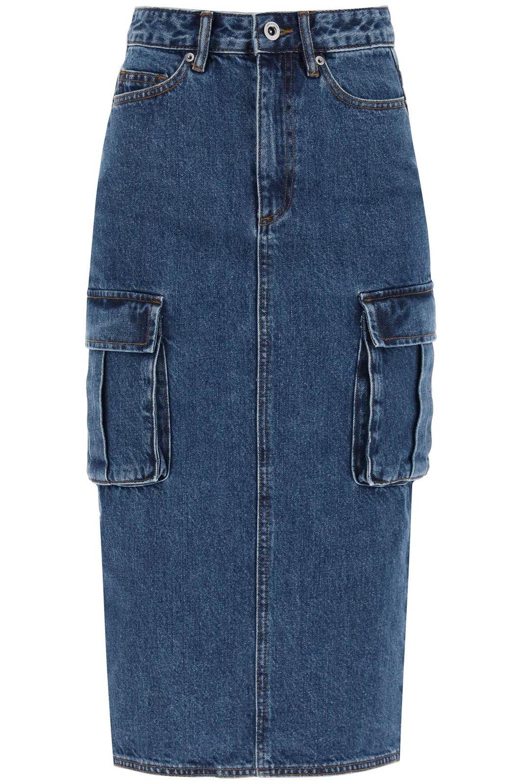 Shop Self-portrait Back Slit Midi Denim Skirt In Blue