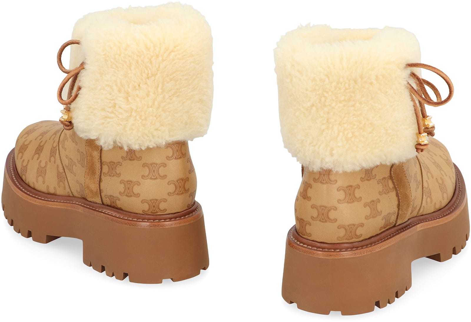 Celine Bulky Leather Boots With Triomphe All-over Motif In Nude