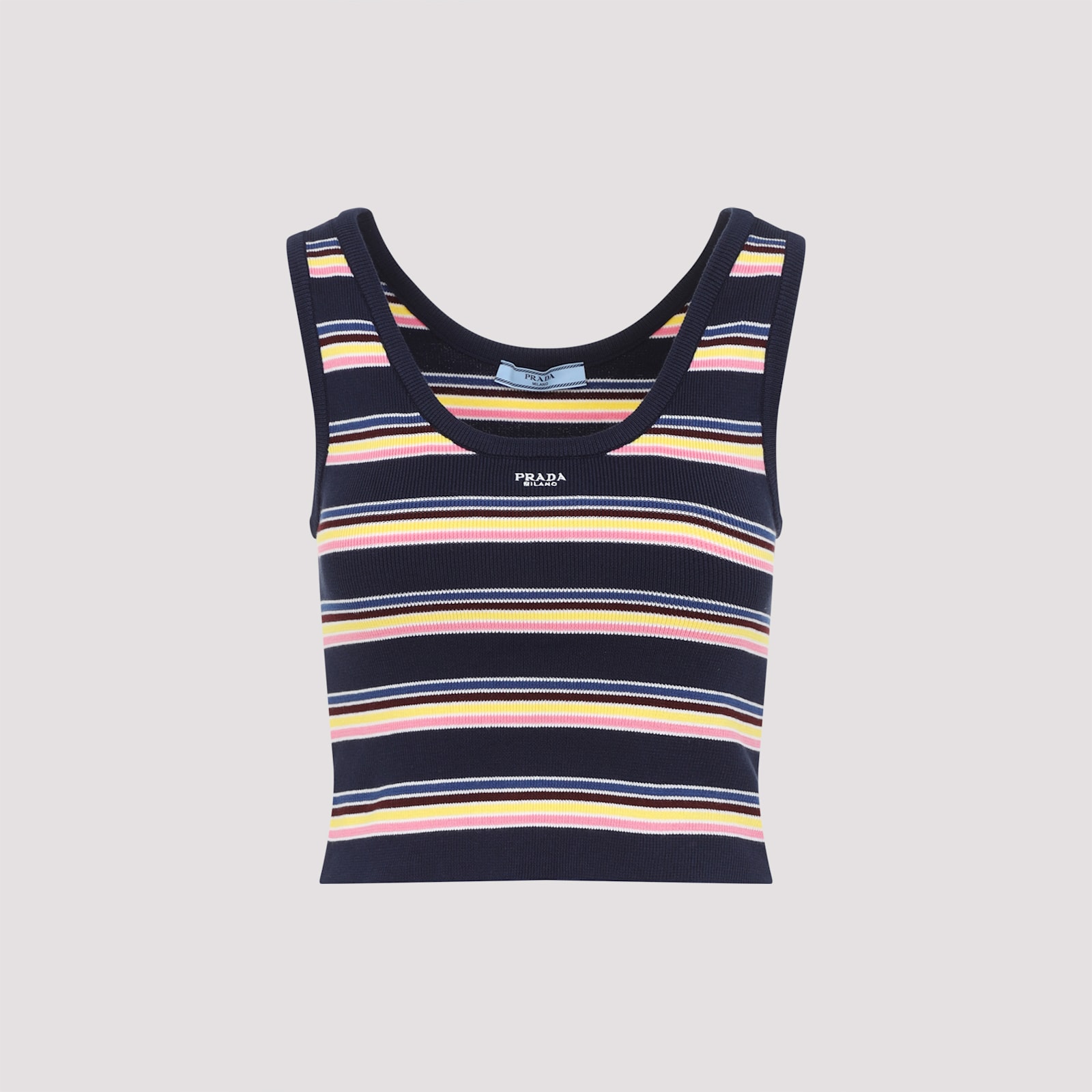Prada Fitted Scoop Neck Top With Vibrant Striped Pattern In Bleu
