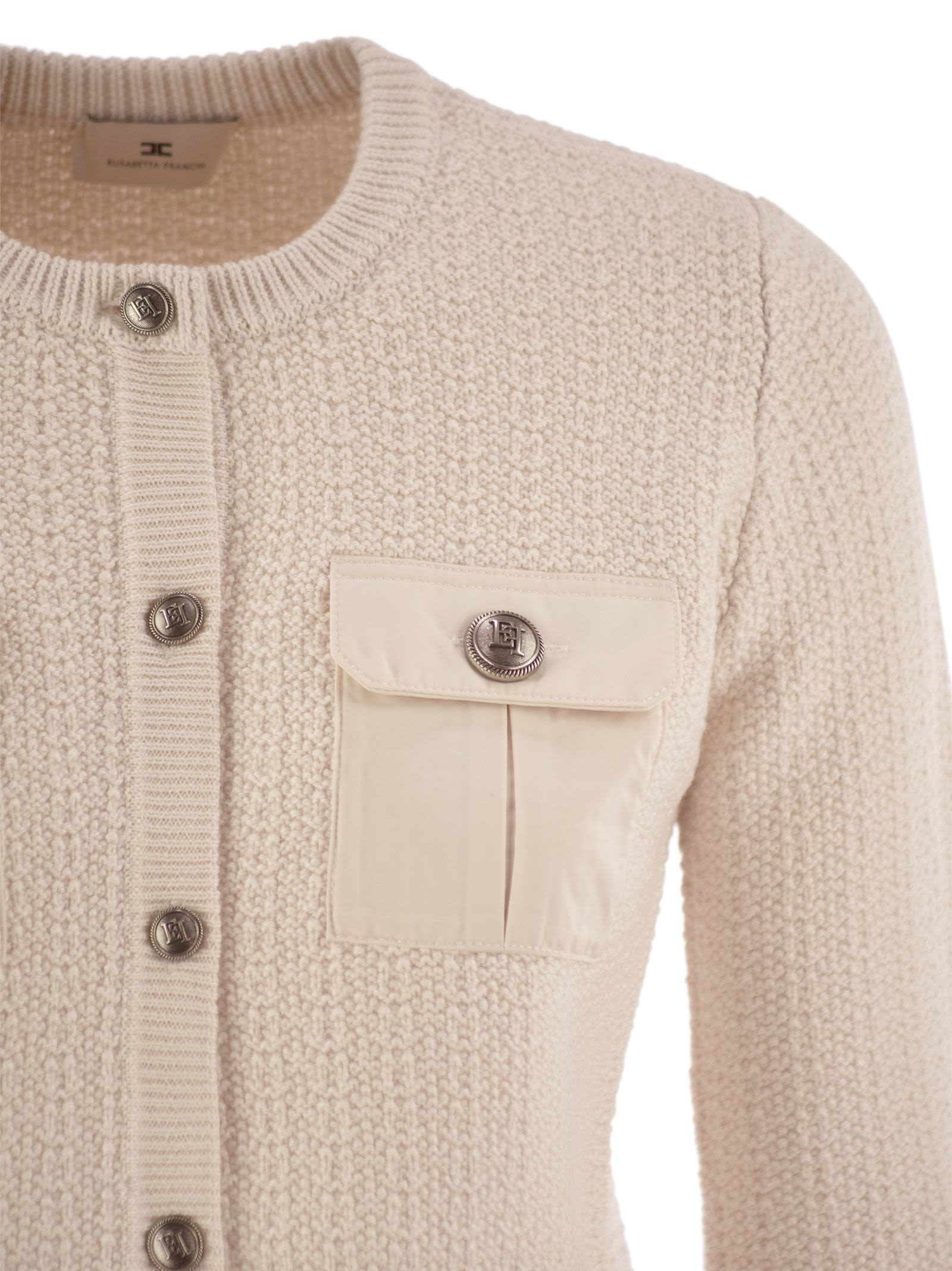 ELISABETTA FRANCHI BOUCLÉ WOOL CARDIGAN WITH TECHNICAL SAIL CLOTH POCKETS 