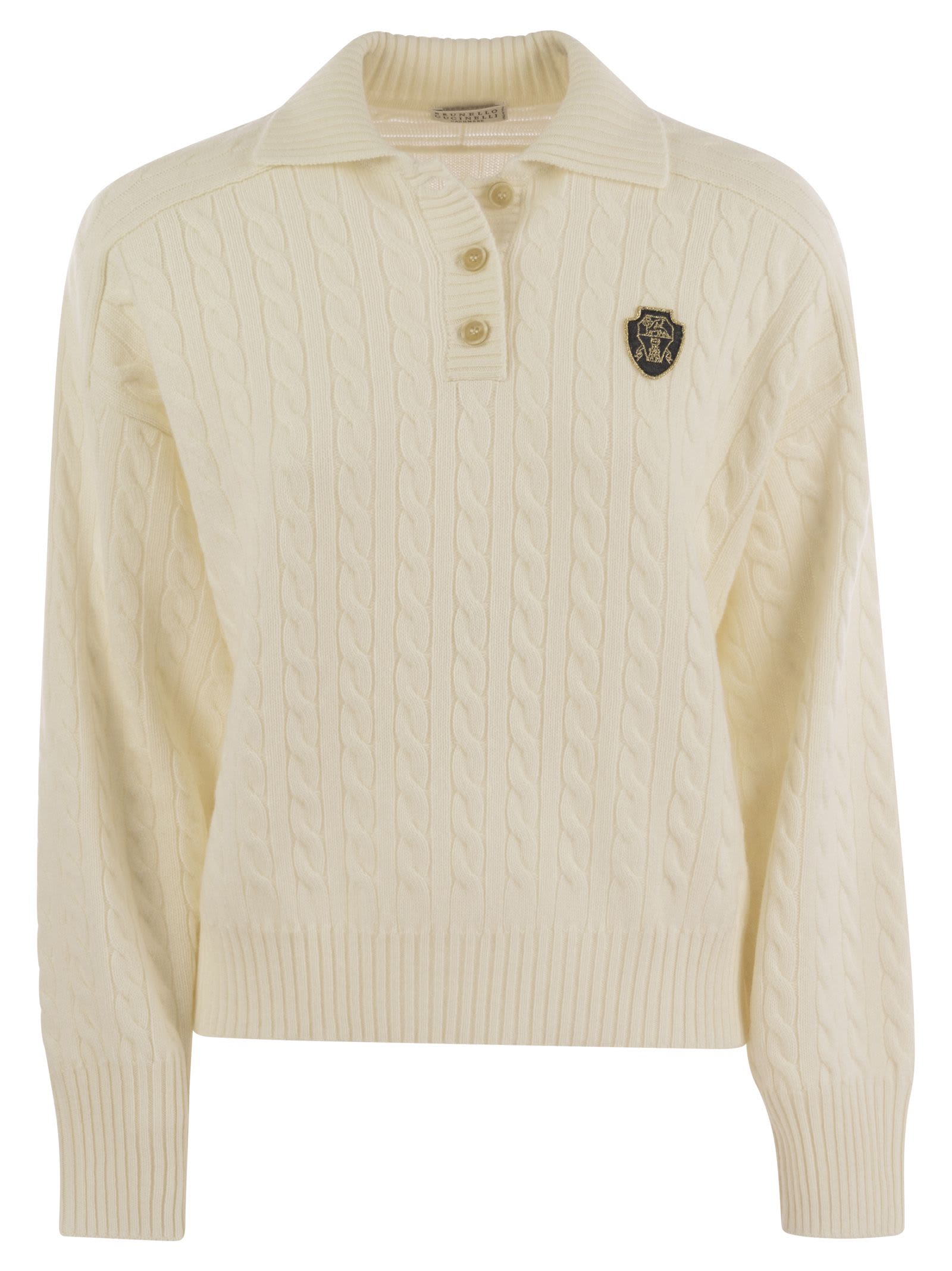 Shop Brunello Cucinelli Plaited Cashmere Polo-style Sweater In Cream