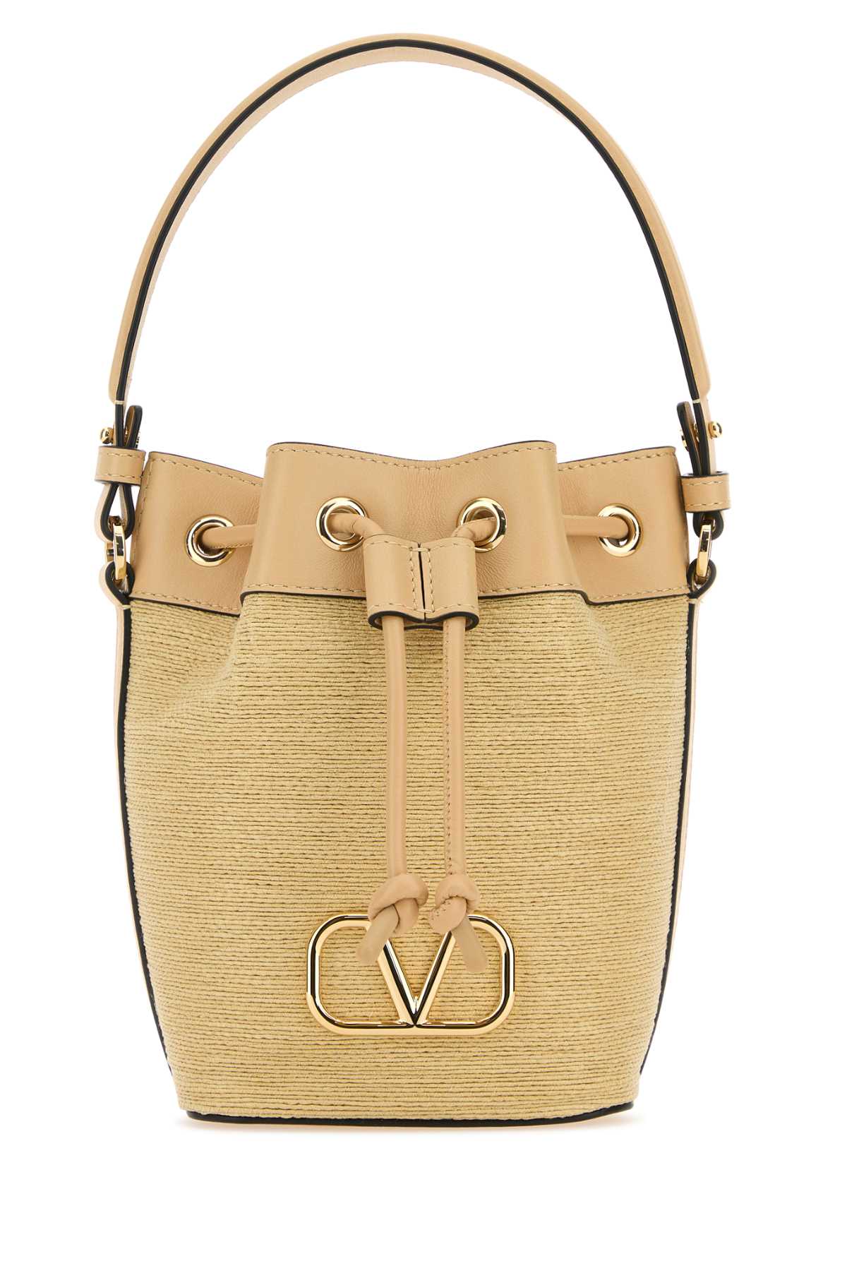 Shop Valentino Raffia Leather Vlogo Signature Bucket Bag In Naturalesaharabeige