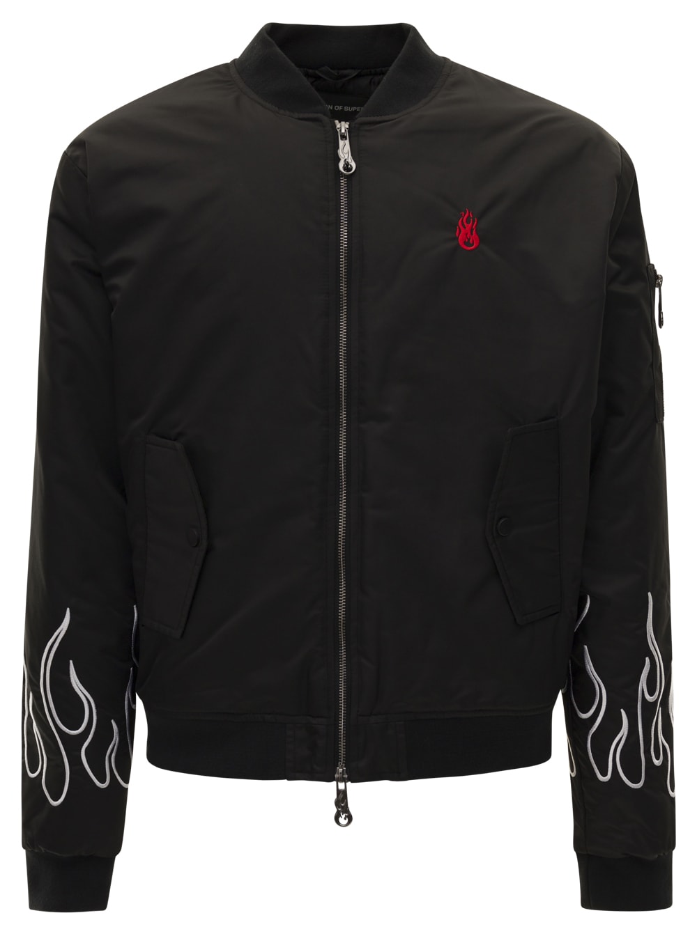 Black Bomber With White Flames Embroidery Man Vision Of Super