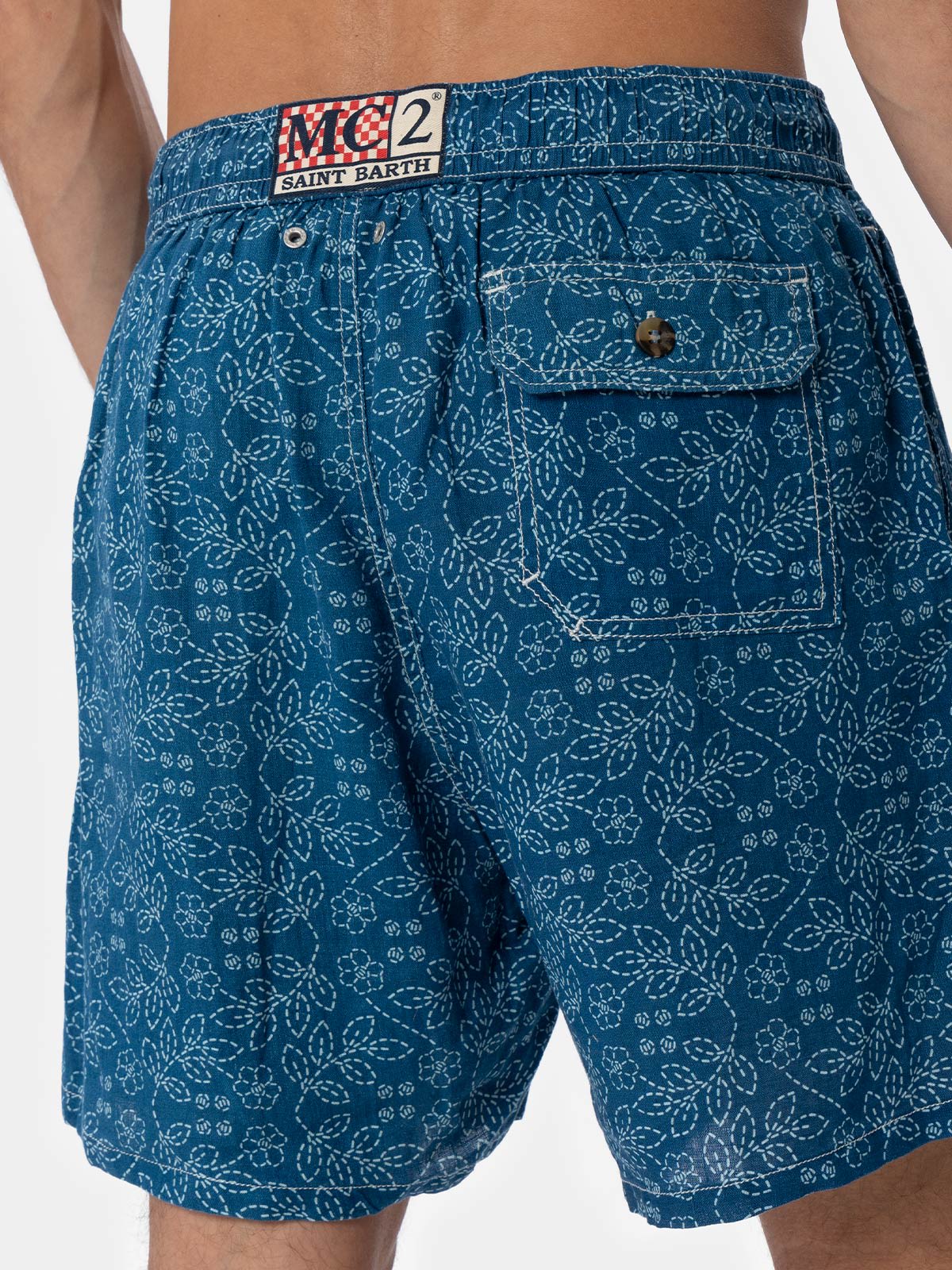MC2 SAINT BARTH MAN MID-LENGTH LINEN SWIM-SHORTS GUSTAVIA WITH SASHIKO PRINT