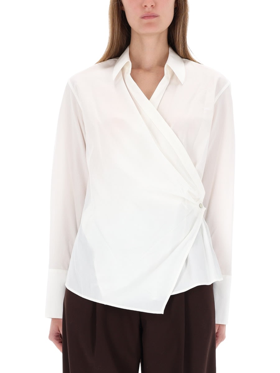 Helmut Lang Long Sleeve Wrap Top With Collared Neck In White