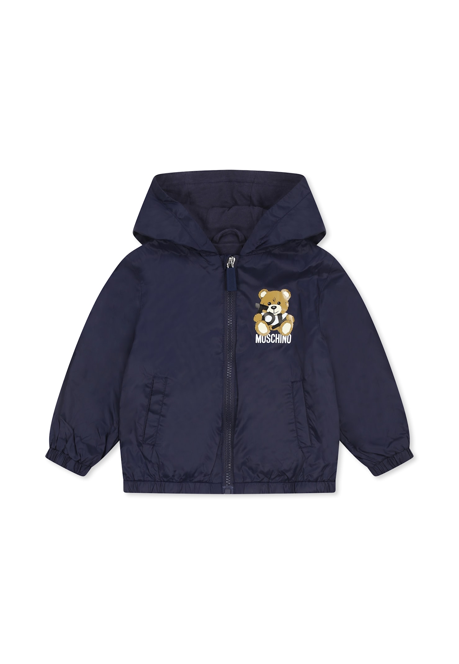 Moschino Blue Windbreaker Jacket For Baby Boy With Teddy Bear In Blue