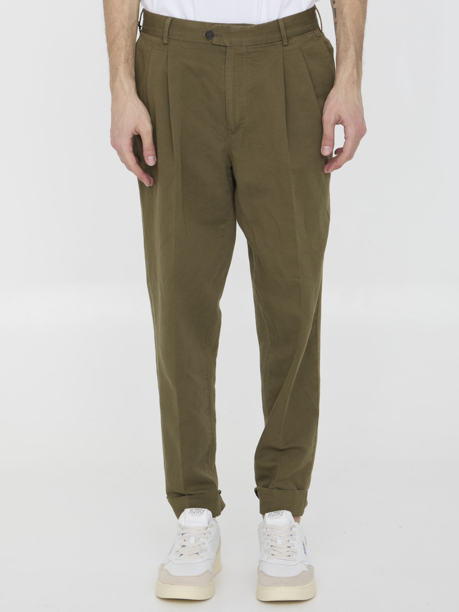 Shop Pt01 Cotton And Linen Trousers In Green