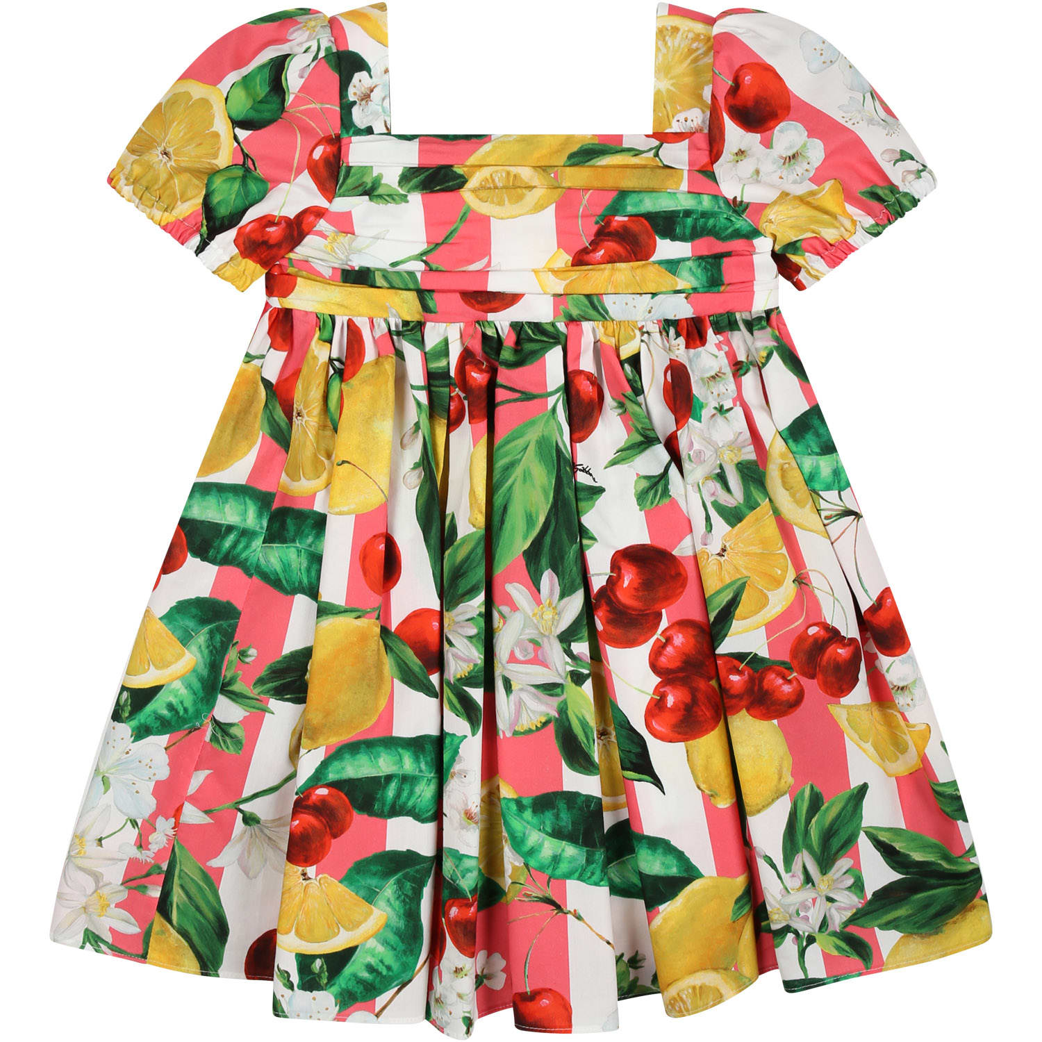 Dolce & Gabbana Multicolor Dress For Baby Girl With All-over Flowers And Fruits